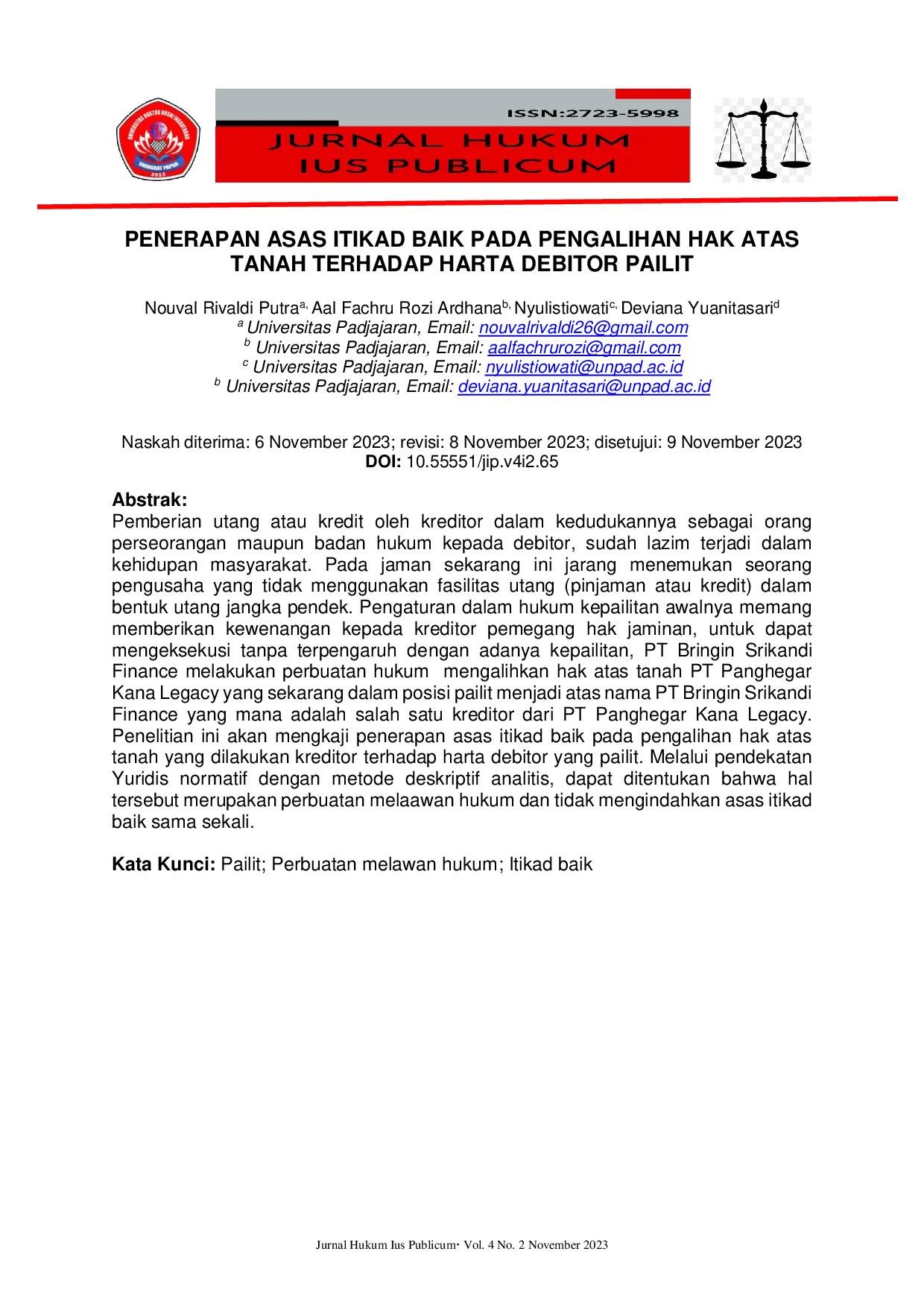 JURIS Penerapan Asas Itikad Baik Pada Pengalihan Hak Atas Tanah Terhadap Harta Debitor Pailit