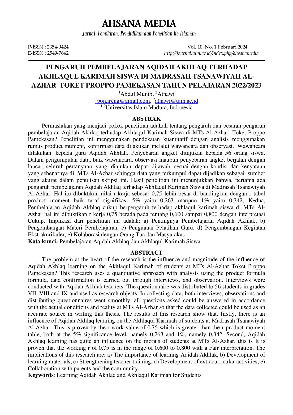 JURIS PENGARUH PEMBELAJARAN AQIDAH AKHLAQ TERHADAP AKHLAQUL KARIMAH SISWA DI MADRASAH TSANAWIYAH AL AZHAR TOKET PROPPO PAMEKASAN TAHUN PELAJARAN 2022 2023