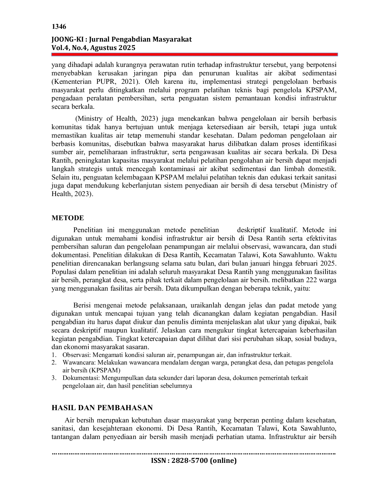 JURIS Meningkatkan Infrastruktur Air Bersih Pembersihan Saluran Dan Pengelolaan Penampungan Air Di Desa Rantih Kecamatan Talawi Kota Sawahlunto