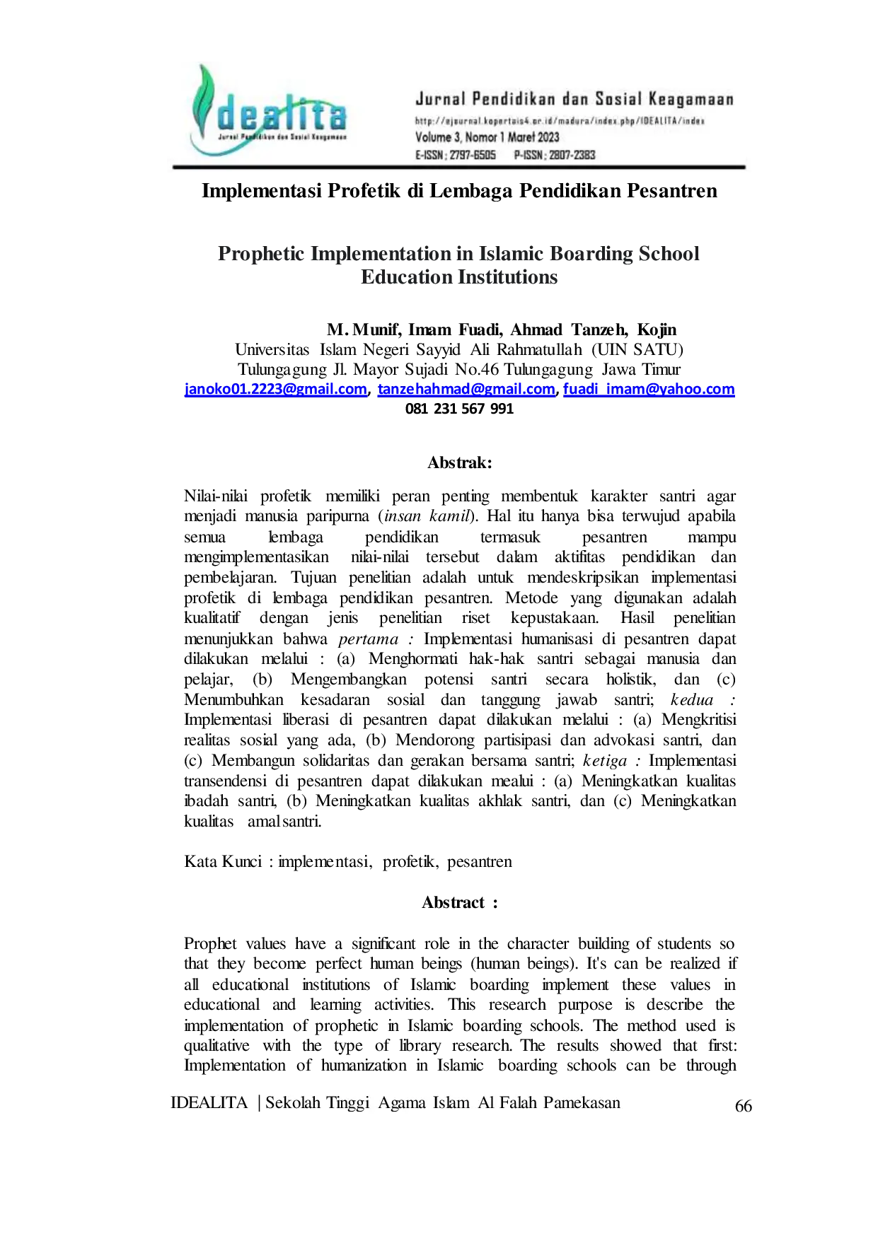 JURIS Implementasi Profetik Di Lembaga Pendidikan Pesantren