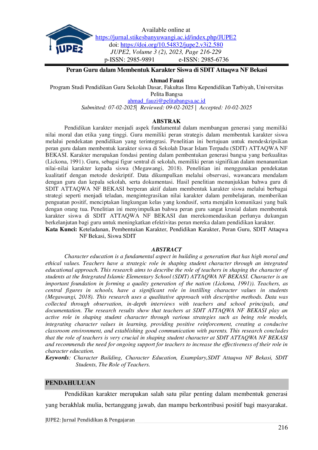 JURIS Peran Guru dalam Membentuk Karakter Siswa di SDIT Attaqwa NF Bekasi