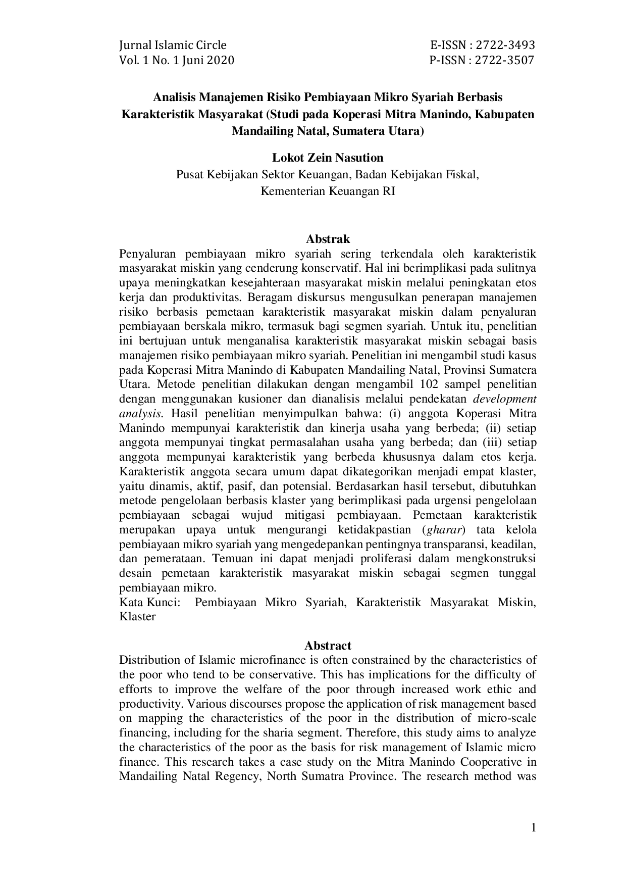 JURIS Analisis Manajemen Risiko Pembiayaan Mikro Syariah Berbasis Karakteristik Masyarakat Studi pada Koperasi Mitra Manindo Kabupaten Mandailing Natal Sumatera Utara