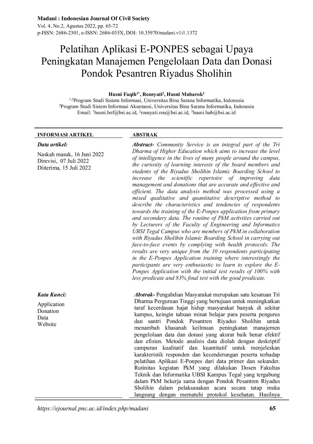 JURIS Pelatihan Aplikasi E PONPES sebagai Upaya Peningkatan Manajemen Pengelolaan Data dan Donasi Pondok Pesantren Riyadus Sholihin