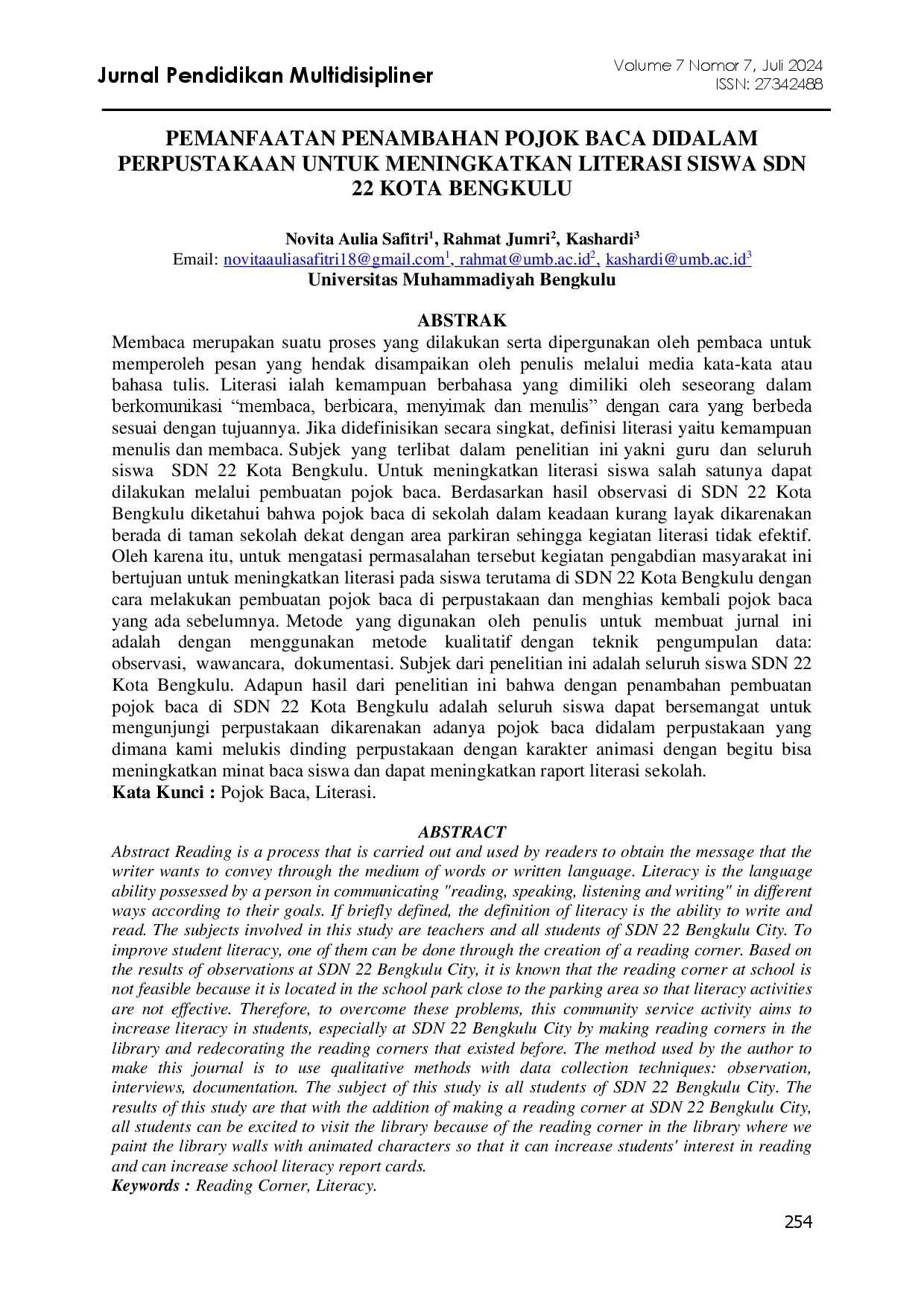 juris Pemanfaatan Penambahan Pojok Baca Didalam Perpustakaan Untuk Meningkatkan Literasi Siswa Sdn 22 Kota Bengkulu