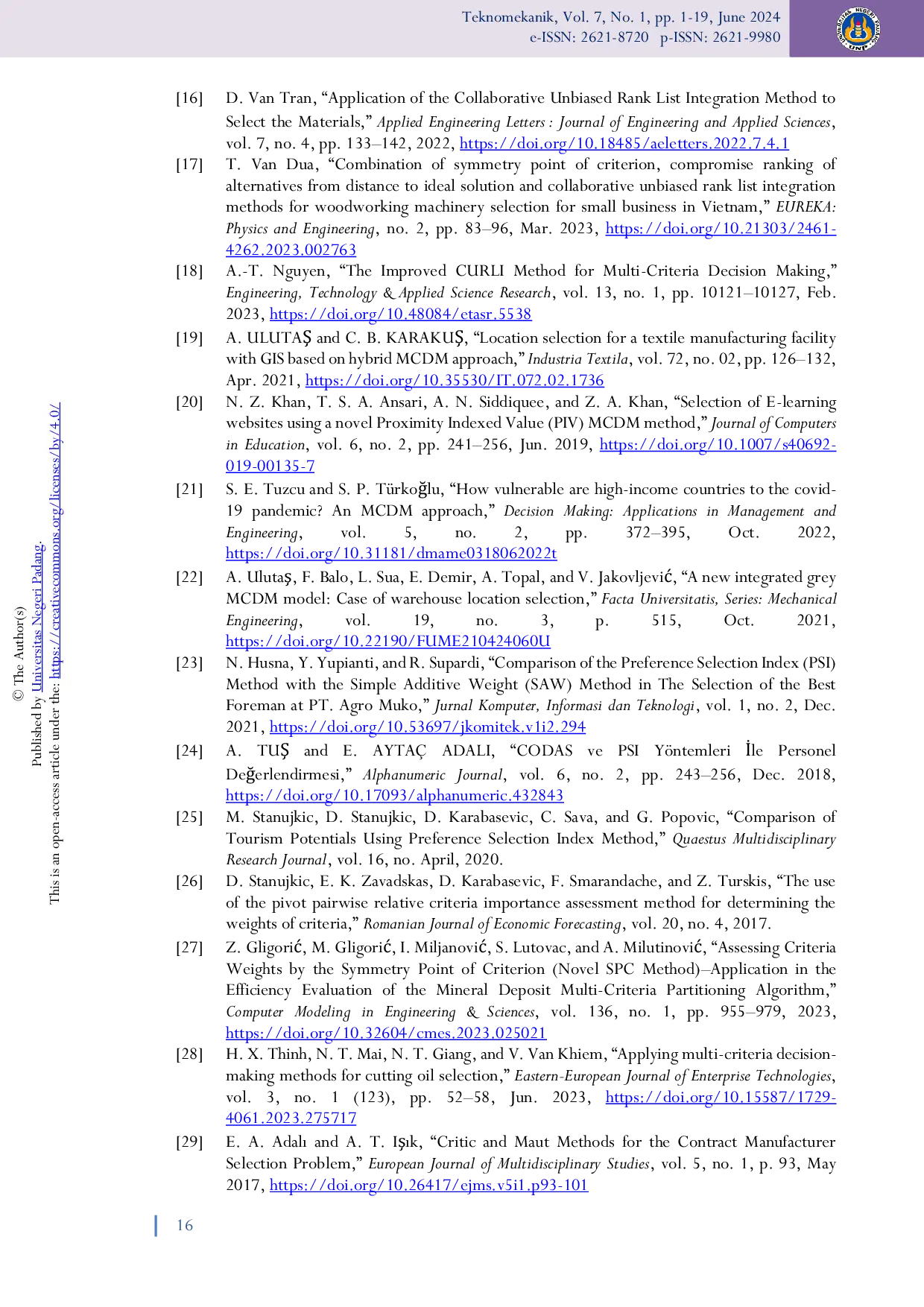 JURIS Comparison of MCDM methods effectiveness in the selection of plastic injection molding machines