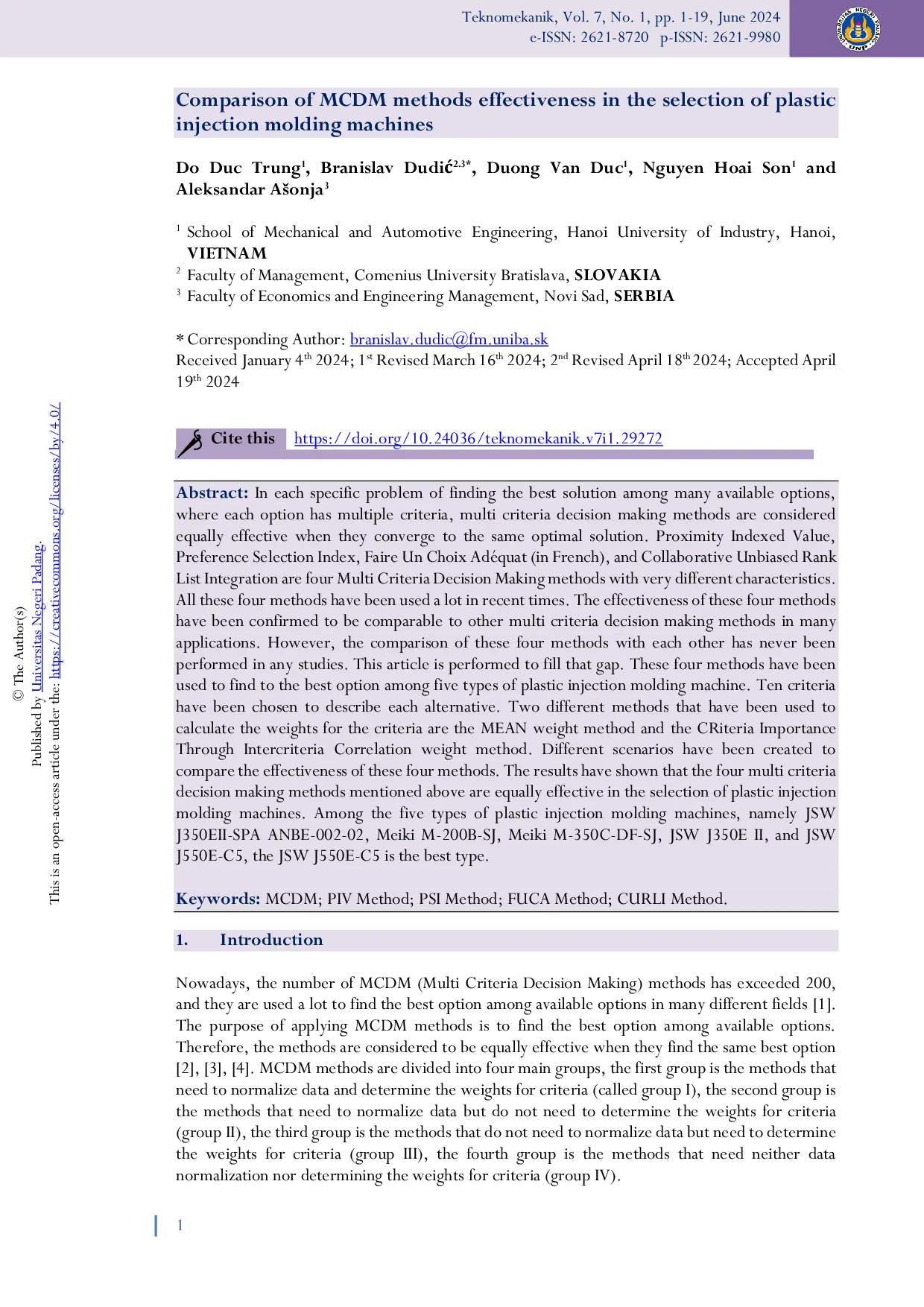 JURIS Comparison of MCDM methods effectiveness in the selection of plastic injection molding machines