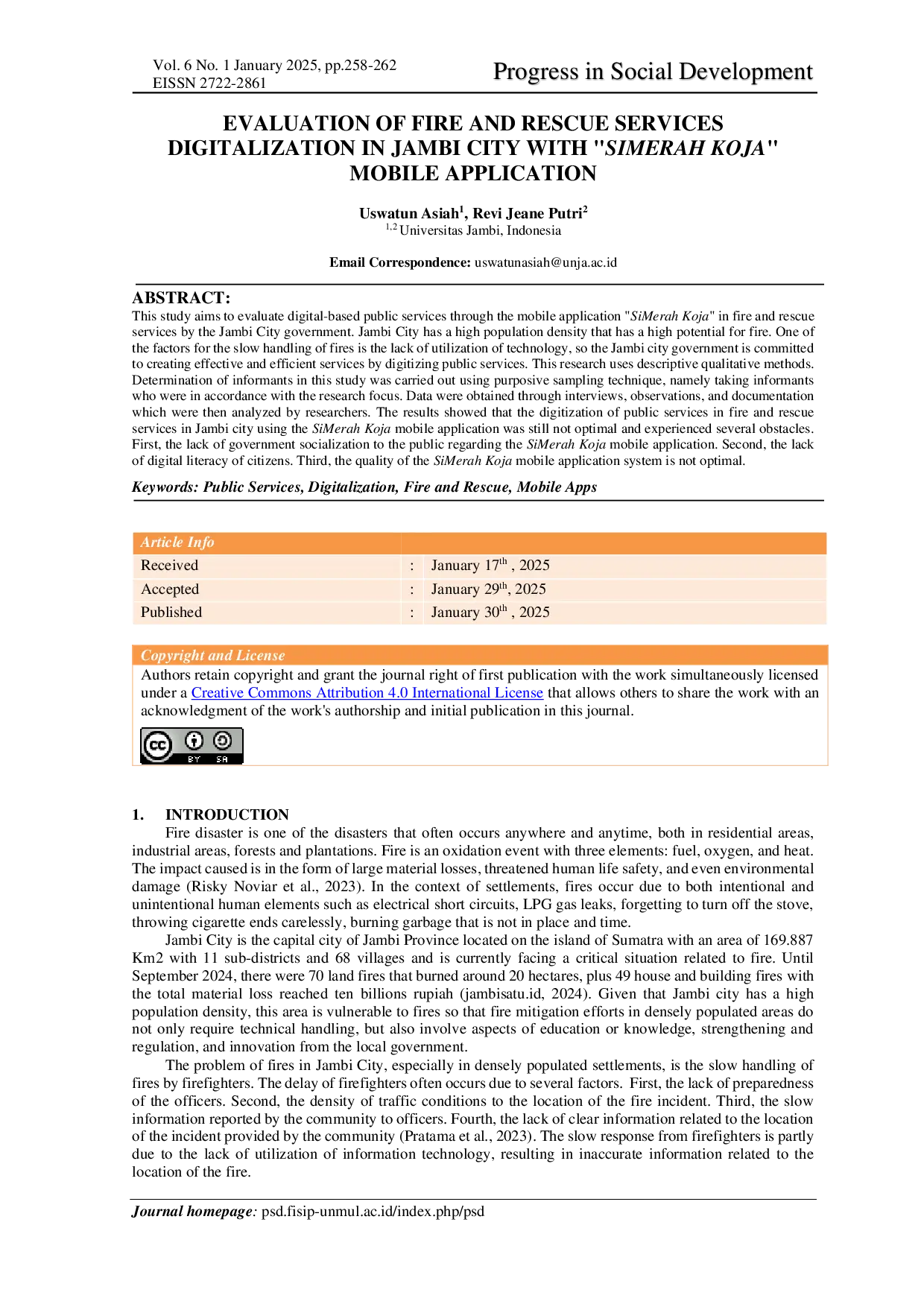 JURIS Evaluation of Fire and Rescue Services Digitalization in Jambi City with Simerah Koja Mobile Application
