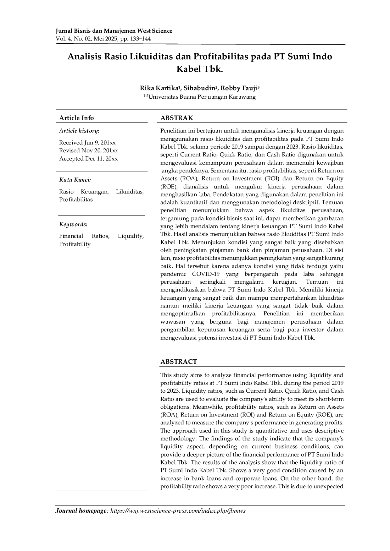 JURIS Analisis Rasio Likuiditas dan Profitabilitas pada PT Sumi Indo Kabel Tbk