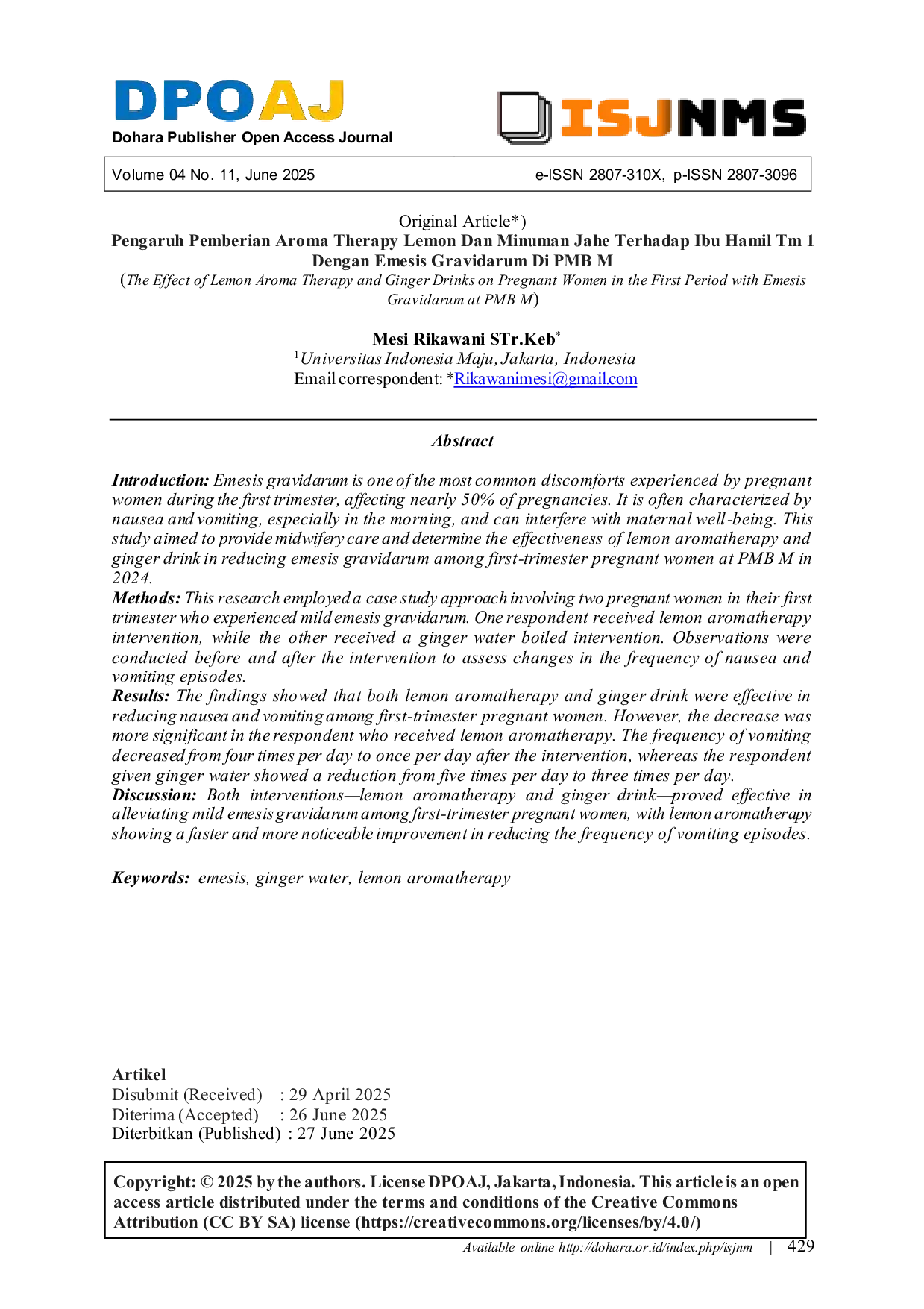 JURIS Pengaruh Pemberian Aroma Therapy Lemon dan Minuman Jahe Terhadap Ibu Hamil TM 1 dengan Emesis Gravidarum di PMB M