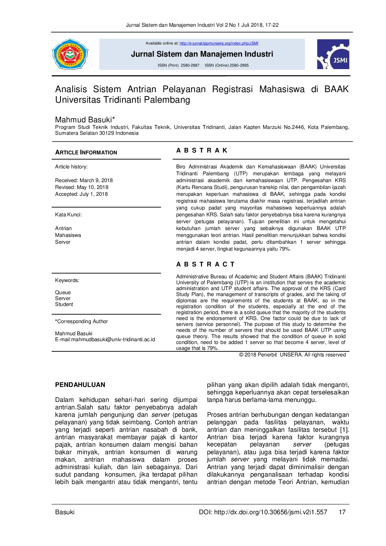 juris Analisis Sistem Antrian Pelayanan Registrasi Mahasiswa di BAAK Universitas Tridinanti Palembang