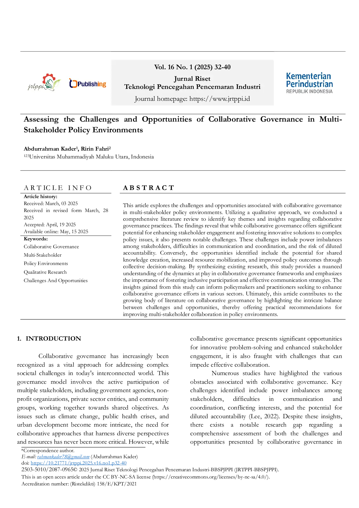 JURIS Assessing the Challenges and Opportunities of Collaborative Governance in Multi Stakeholder Policy Environments