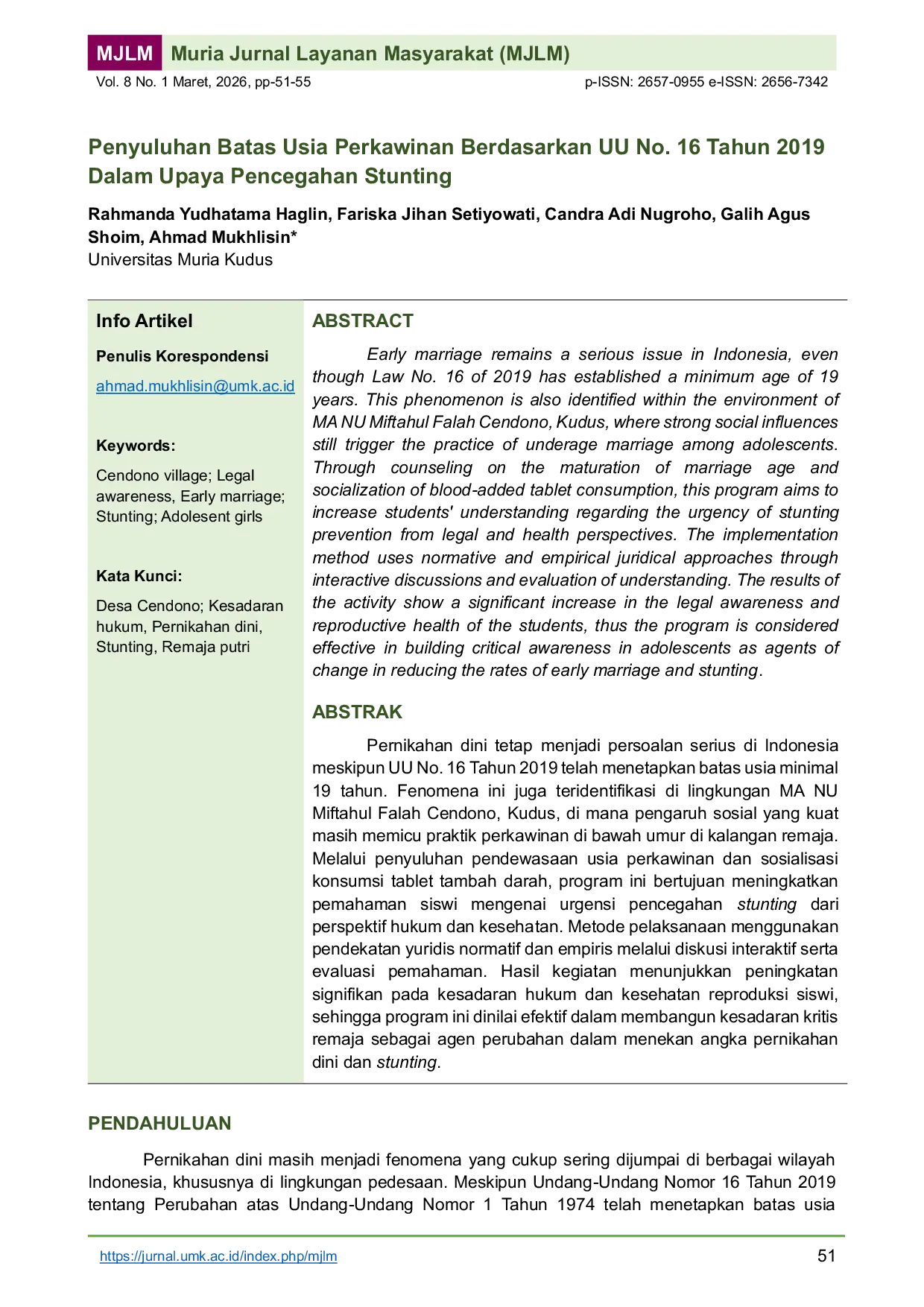 JURIS Counseling on the Legal Age of Marriage Based on Law No 16 of 2019 as an Effort to Prevent Stunting