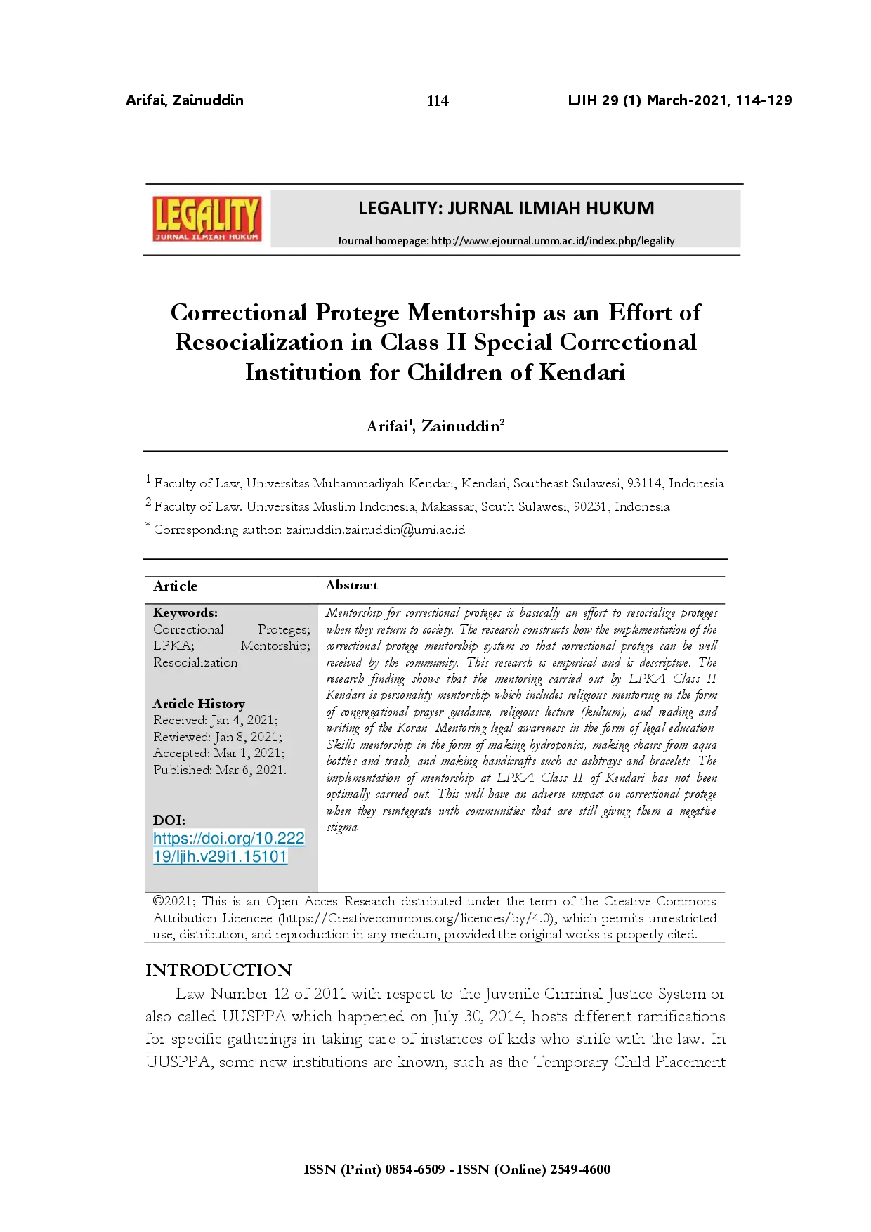 juris Correctional protege mentorship as an effort of resocialization in class II special correctional institution for children of Kendari