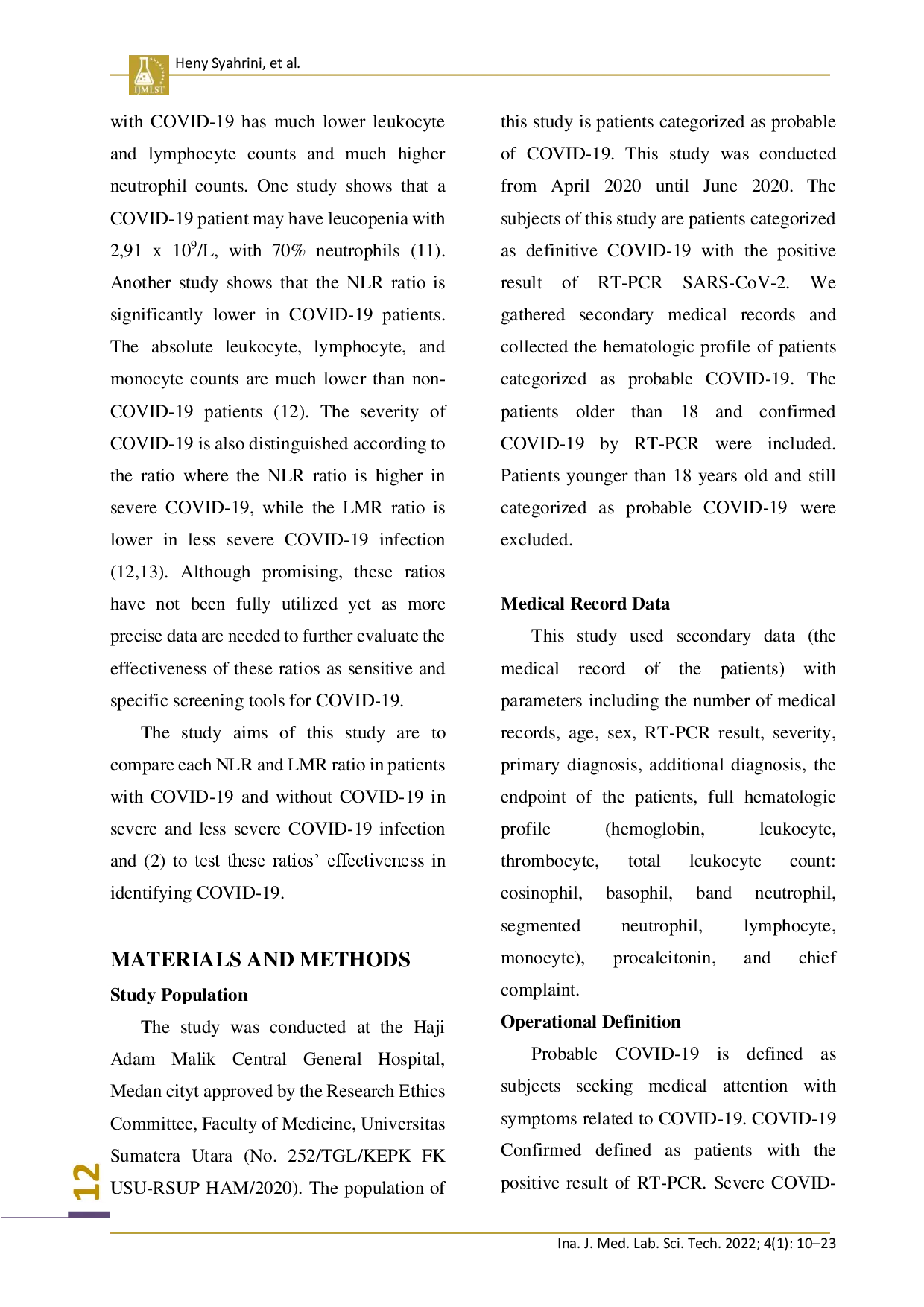 juris Neutrophil Lymphocyte Ratio NLR and Lymphocyte Monocyte Ratio LMR as Covid 19 Screening Parameters