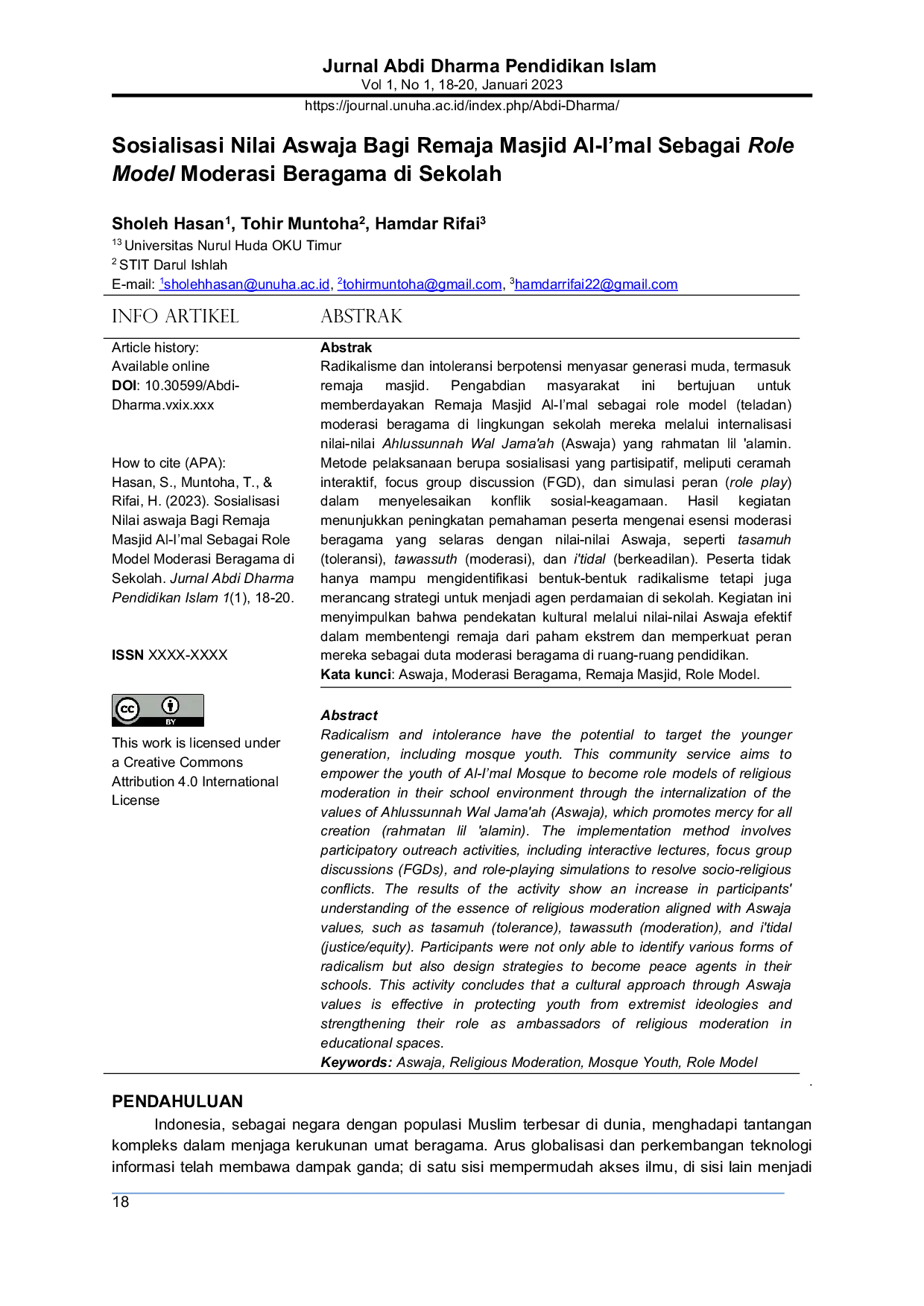 JURIS Socialization of Aswaja Values for Youth at Al I mal Mosque as Role Models of Religious Moderation in Schools