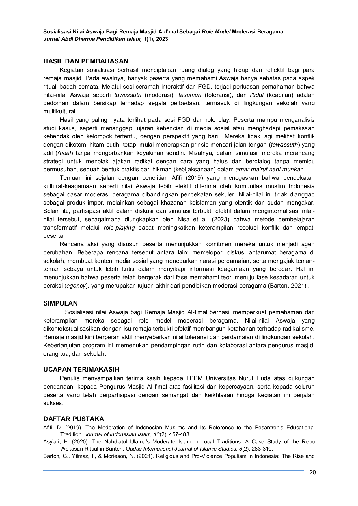 JURIS Socialization of Aswaja Values for Youth at Al I mal Mosque as Role Models of Religious Moderation in Schools