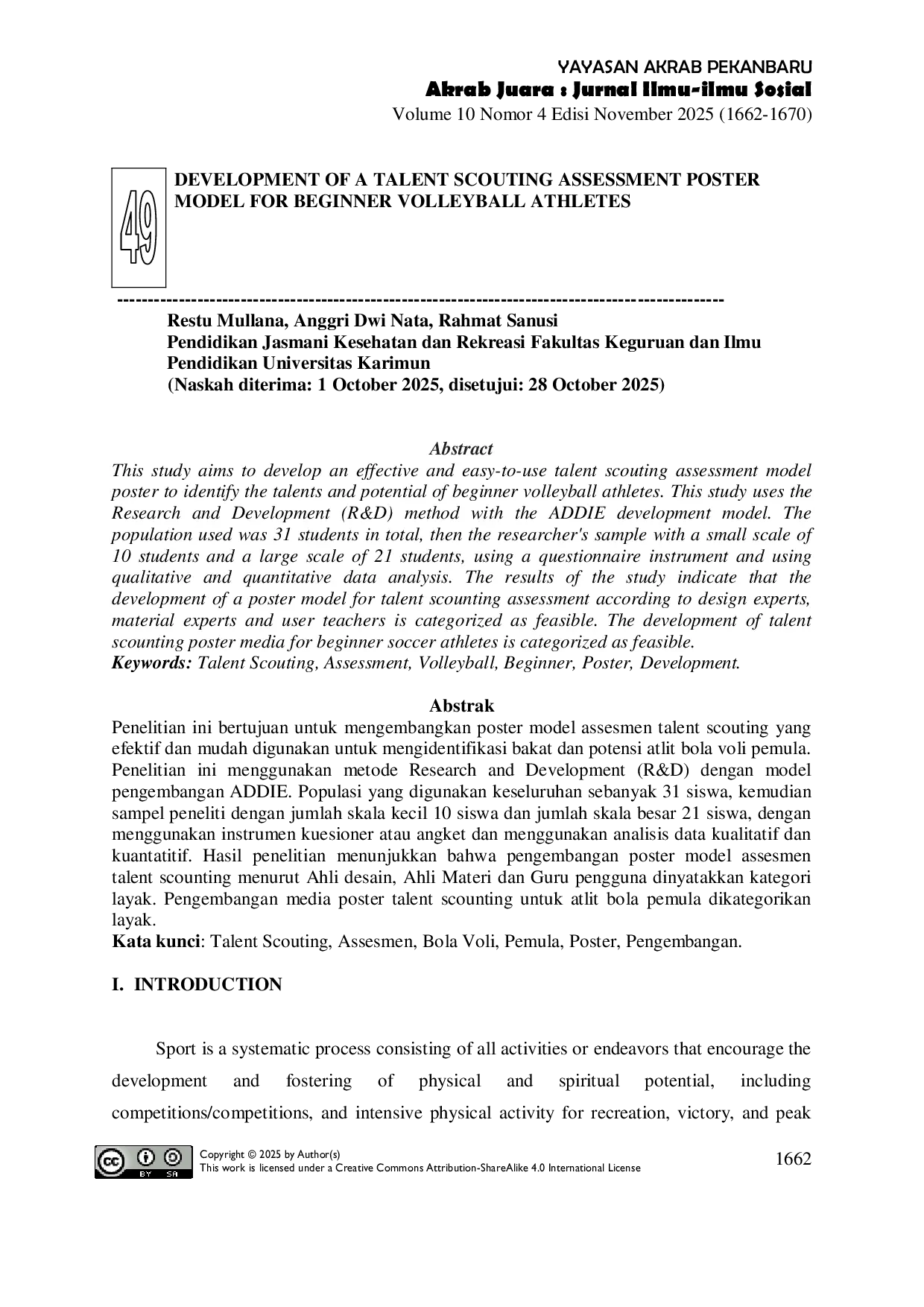 JURIS Development Of A Talent Scouting Assessment Poster Model For Beginner Volleyball Athletes