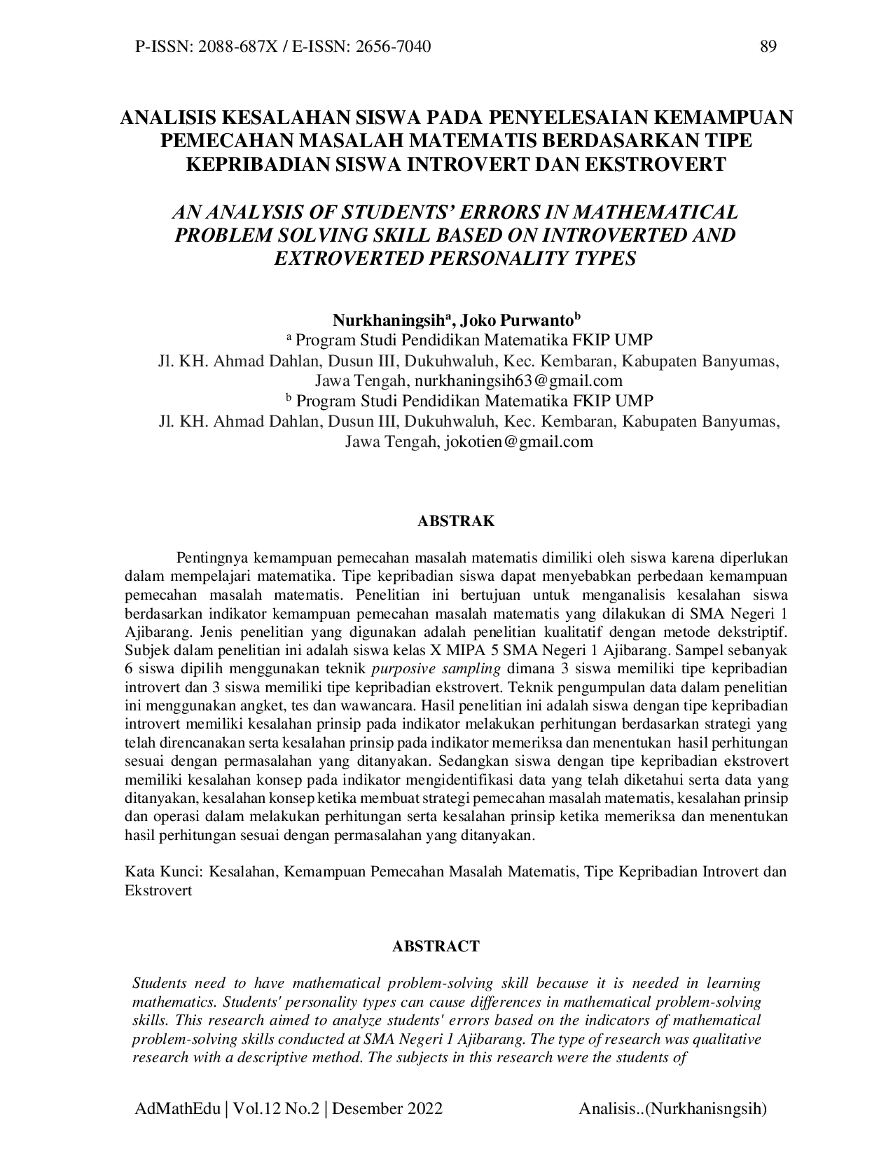 JURIS Analisis Kesalahan Siswa Pada Penyelesaian Kemampuan Pemecahan Masalah Matematis Berdasarkan Tipe Kepribadian Siswa Introvert Dan Ekstrovert