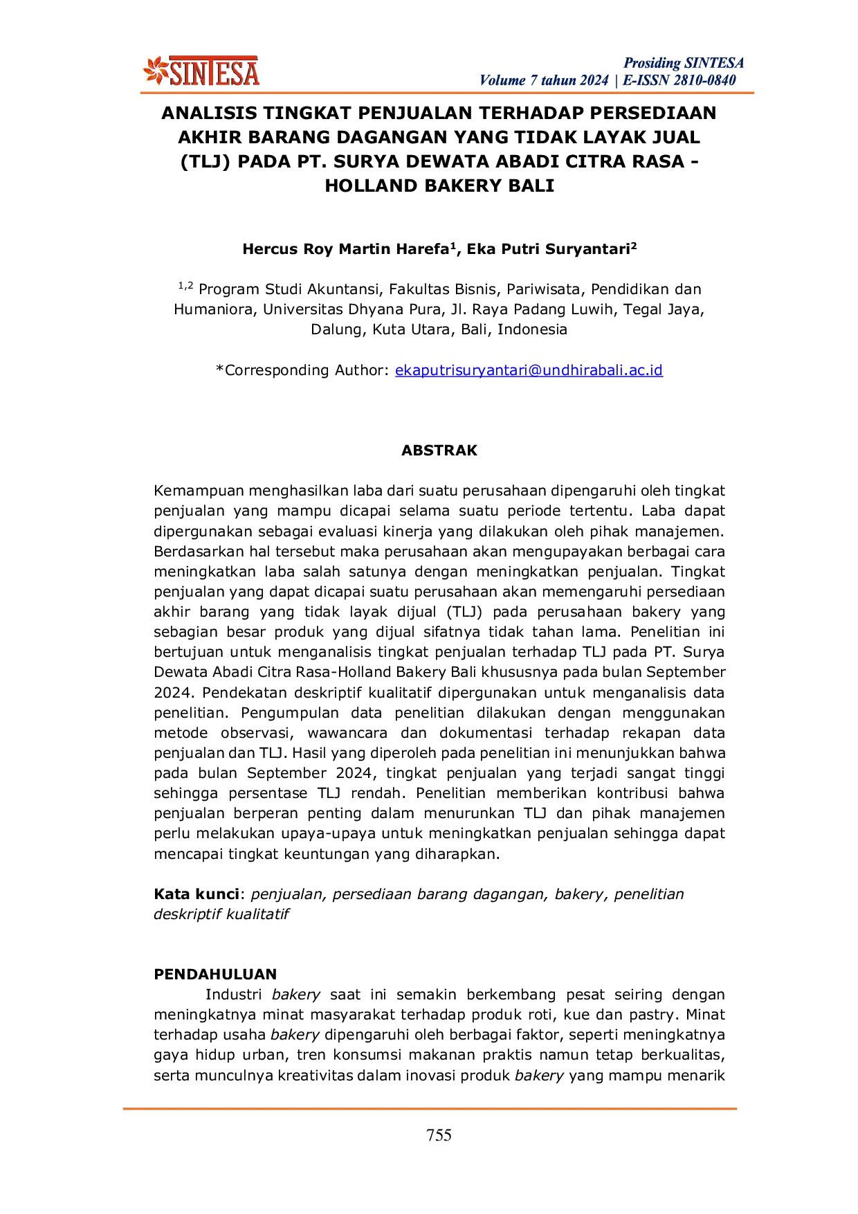 JURIS Analisis Tingkat Penjualan Terhadap Persediaan Akhir Barang Dagangan yang Tidak Layak Jual TLJ pada PT Surya Dewata Abadi Citra Rasa Holland Bakery Bali