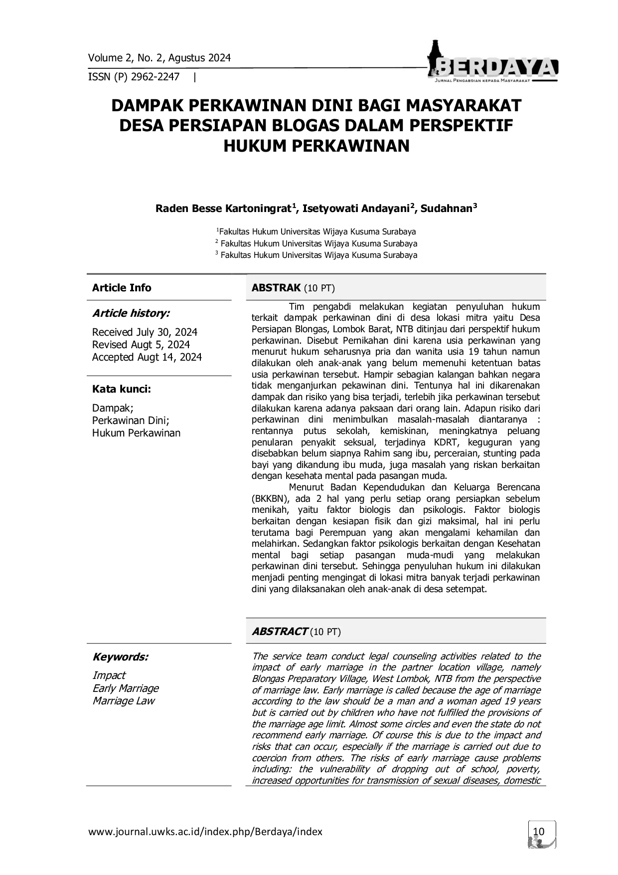 JURIS Dampak Perkawinan Dini Bagi Masyarakat Desa Persiapan Blogas Dalam Perspektif Hukum Perkawinan