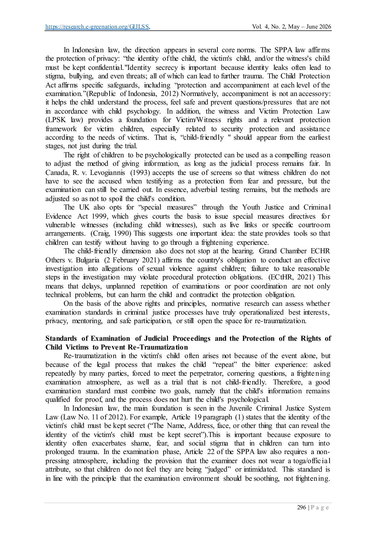 JURIS Normative Analysis of Prevention of Re Traumatization of Child Victims in Criminal Justice Proceedings on Standards of Examination and Protection of Children s Rights