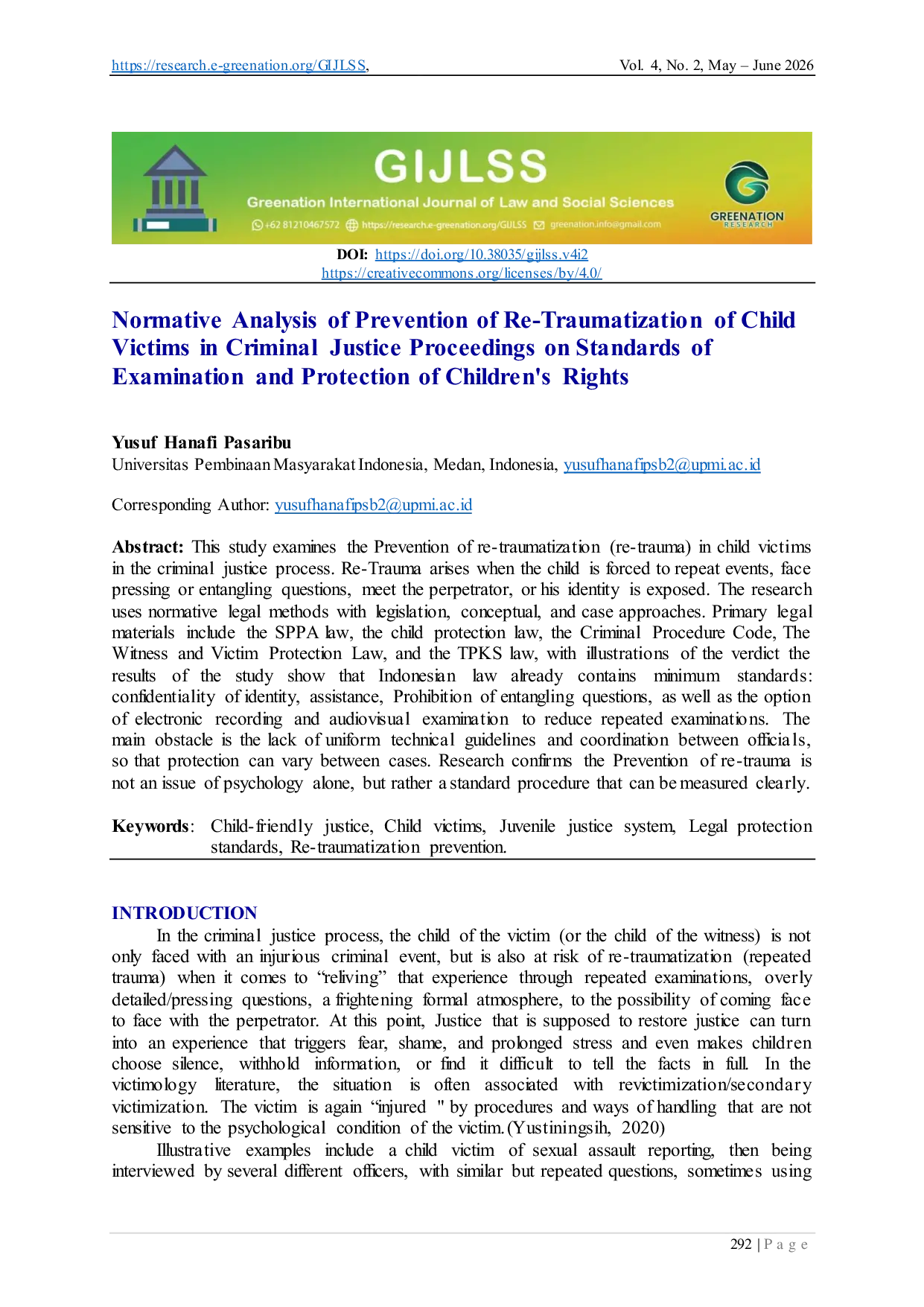 JURIS Normative Analysis of Prevention of Re Traumatization of Child Victims in Criminal Justice Proceedings on Standards of Examination and Protection of Children s Rights