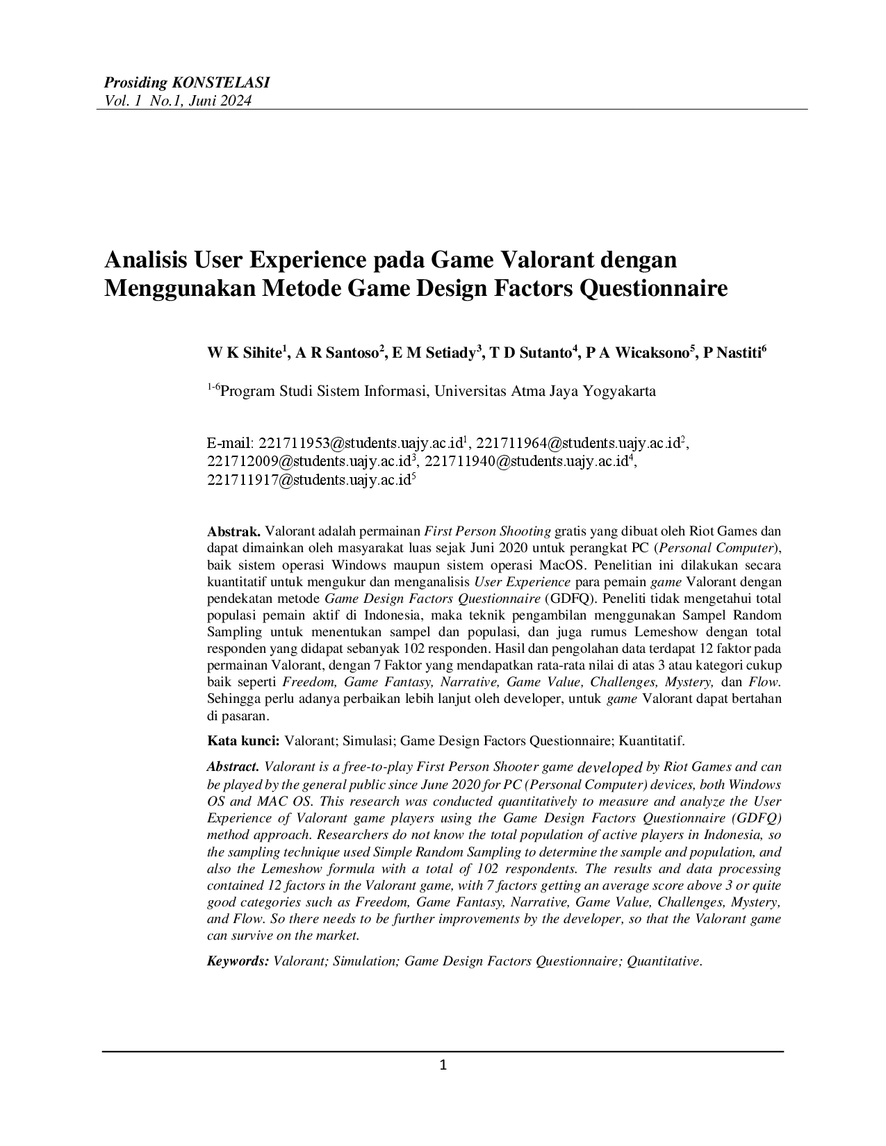juris Analisis User Experience pada Game Valorant dengan menggunakan Metode Game Design Factors Questionnaire