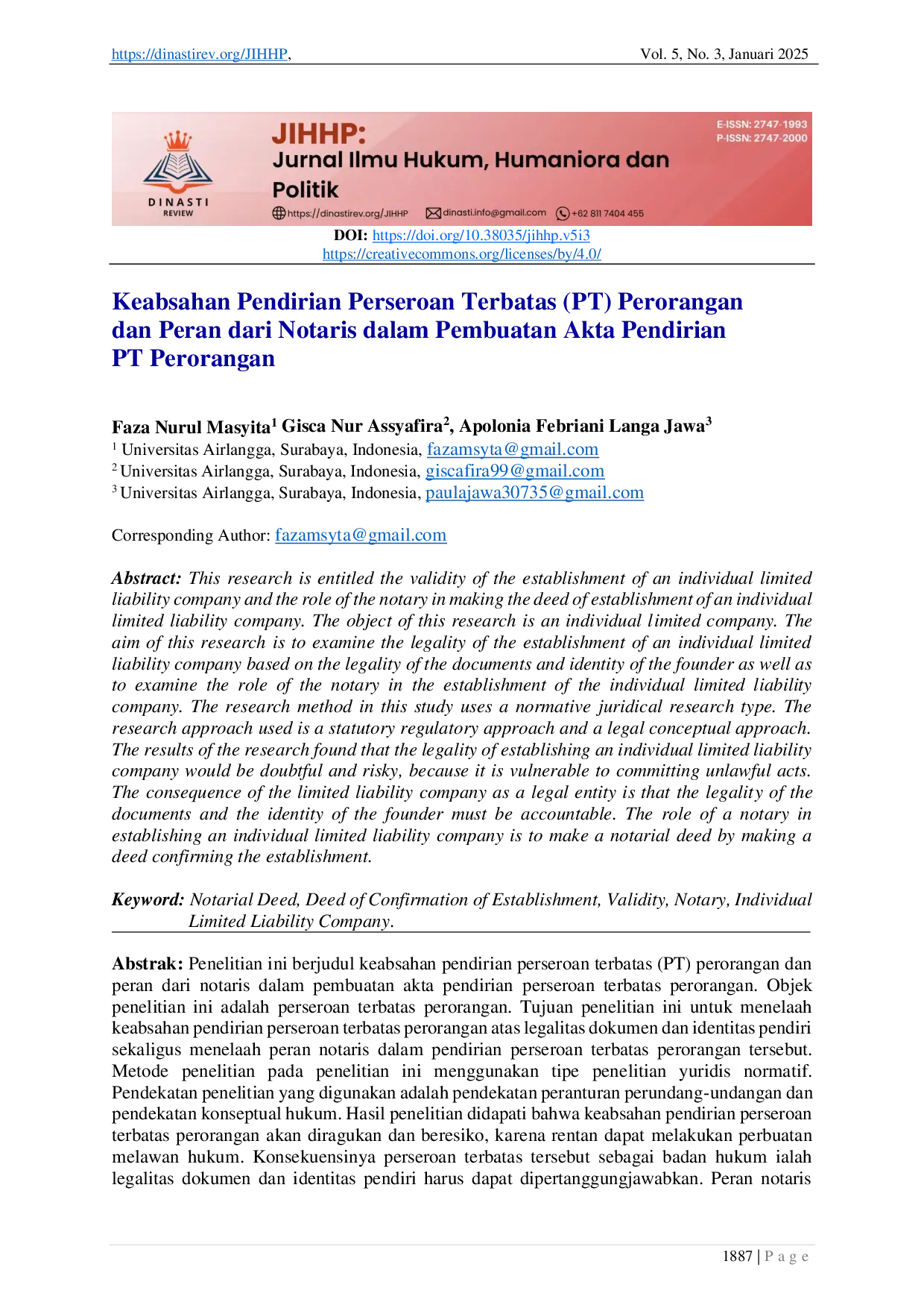 JURIS Keabsahan Pendirian Perseroan Terbatas PT Perorangan dan Peran dari Notaris dalam Pembuatan Akta Pendirian PT Perorangan