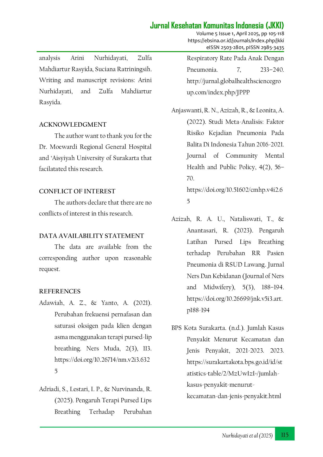 JURIS The Effect of Pursed Lips Breathing on Children s Respiratory Rate with Pneumonia in Cempaka High Care Unit Dr Moewardi Regional Hospital