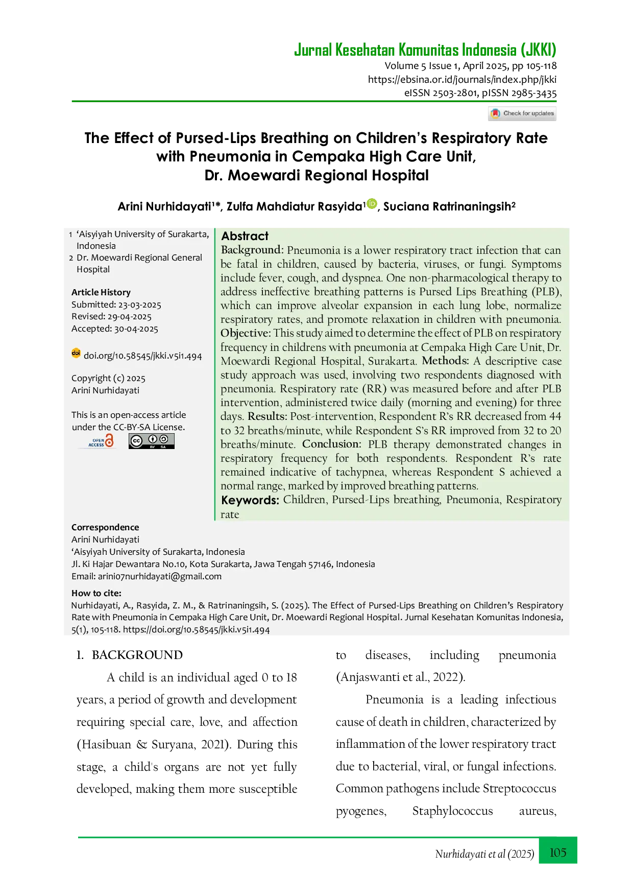 JURIS The Effect of Pursed Lips Breathing on Children s Respiratory Rate with Pneumonia in Cempaka High Care Unit Dr Moewardi Regional Hospital
