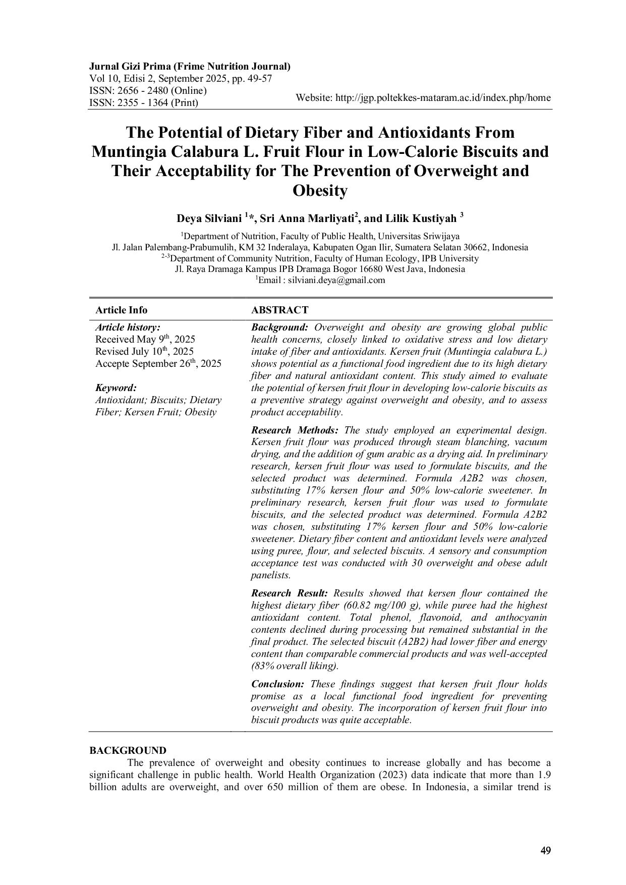 JURIS The Potential of Dietary Fiber and Antioxidants From Muntingia Calabura L Fruit Flour in Low Calorie Biscuits and Their Acceptability for The Prevention of Overweight and Obesity