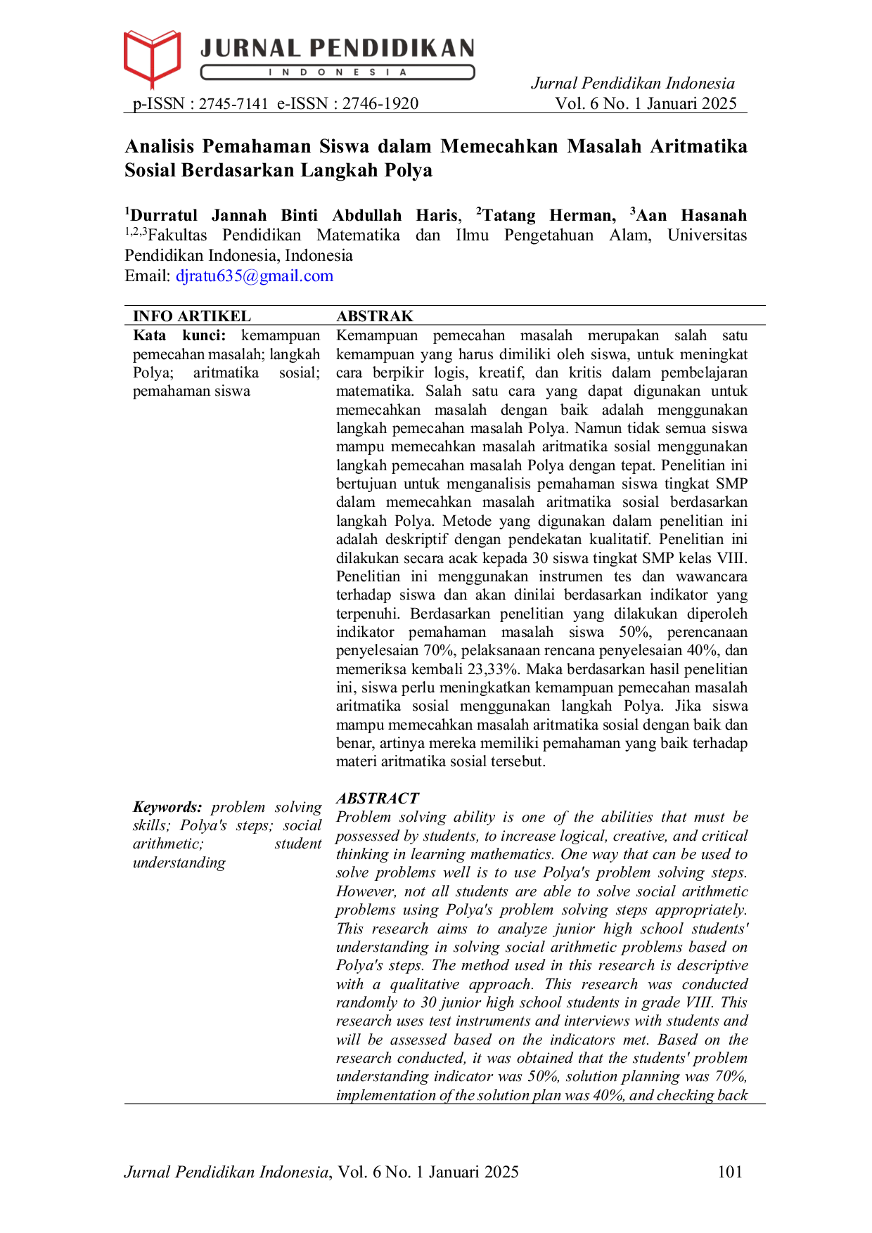 JURIS Analisis Pemahaman Siswa dalam Memecahkan Masalah Aritmatika Sosial Berdasarkan Langkah Polya