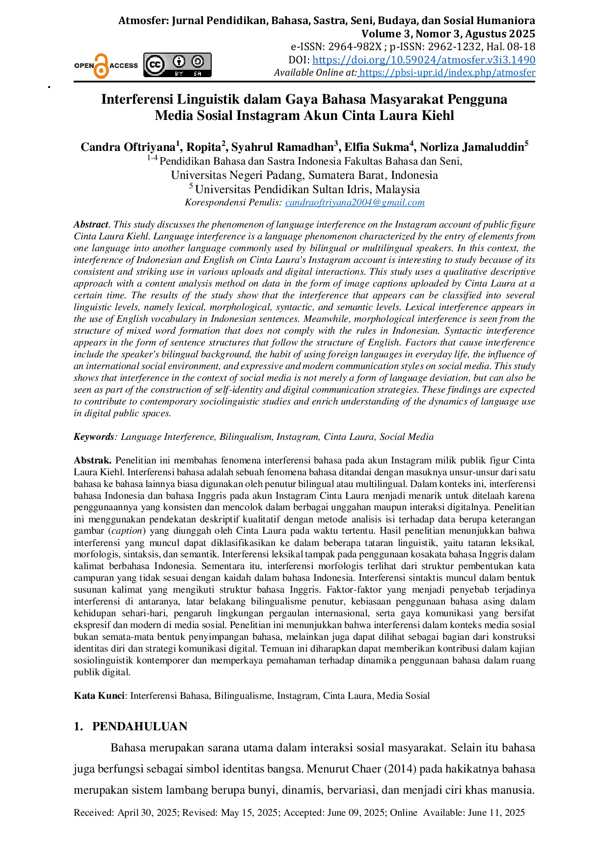JURIS Interferensi Linguistik Dalam Gaya Bahasa Masyarakat Pengguna Media Sosial Instagram Akun Cinta Laura Kiehl