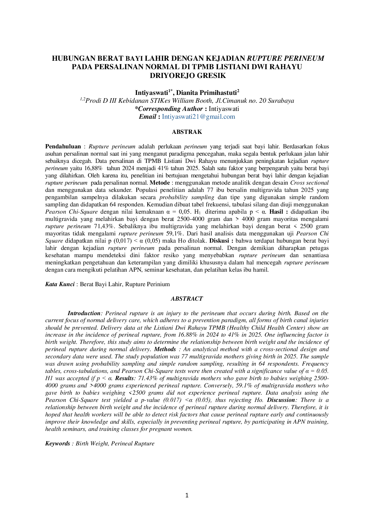 JURIS Hubungan Berat Bayi Lahir dengan Kejadian Rupture Perineum pada Persalinan Normal