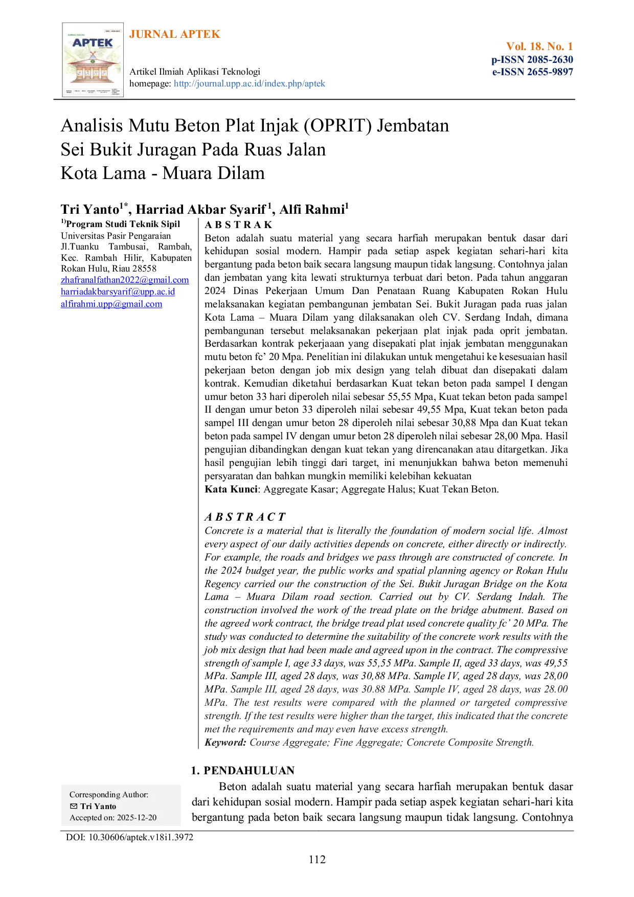 JURIS Analisis Mutu Beton Plat Injak OPRIT Jembatan Sei Bukit Juragan Pada Ruas Jalan Kota Lama Muara Dilam