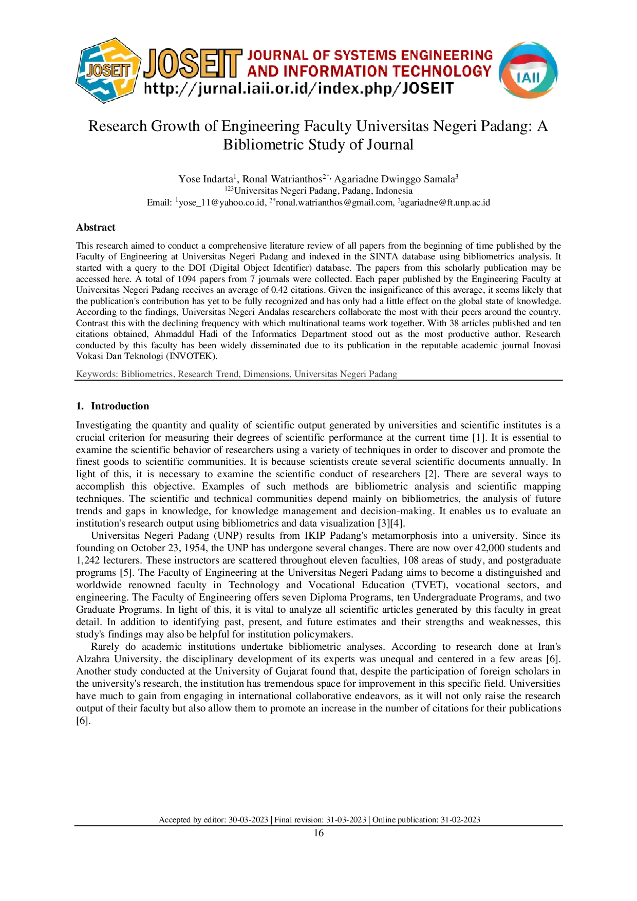 JURIS Research Growth of Engineering Faculty Universitas Negeri Padang A Bibliometric Study of Journal