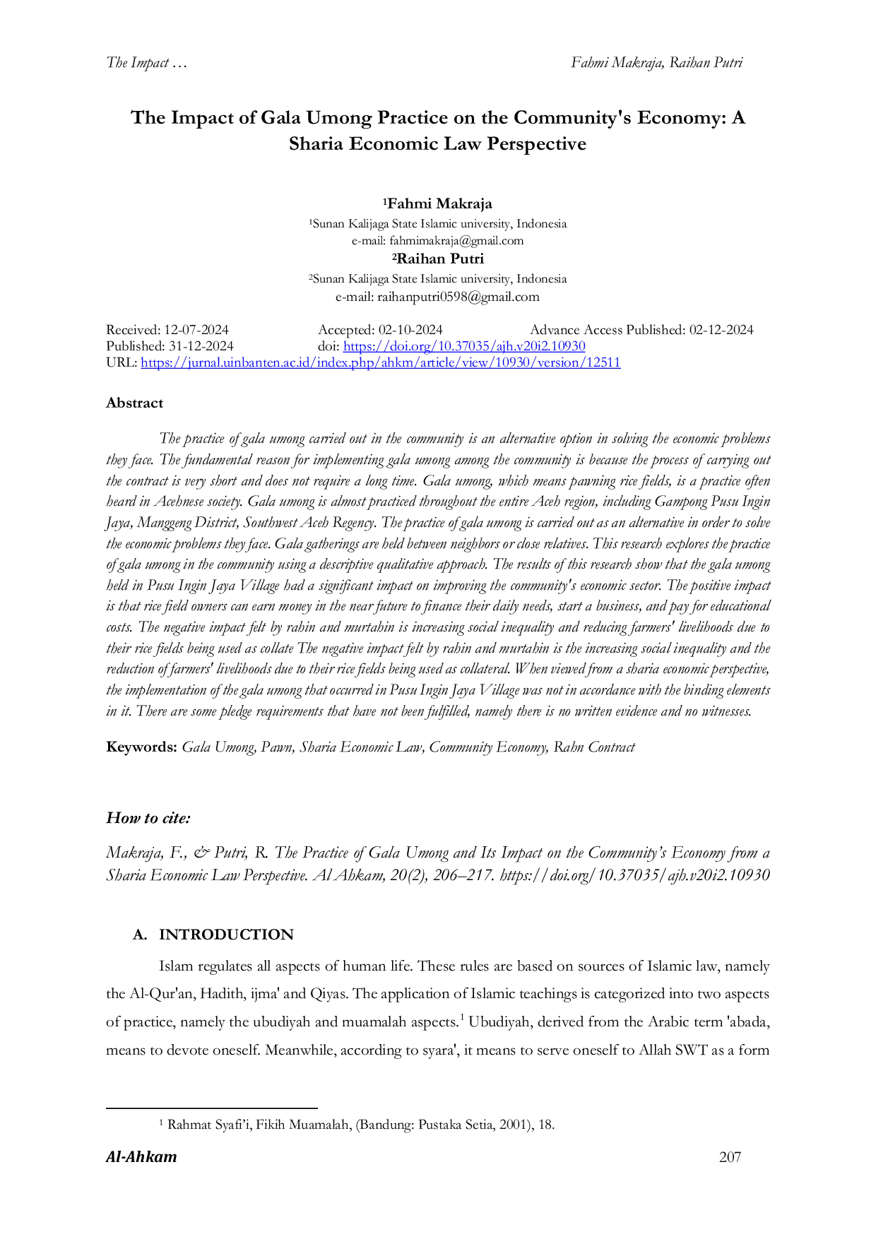 JURIS Praktik Gala Umong dan Dampaknya Terhadap Perekonomian Masyarakat Perspektif Hukum Ekonomi Syariah