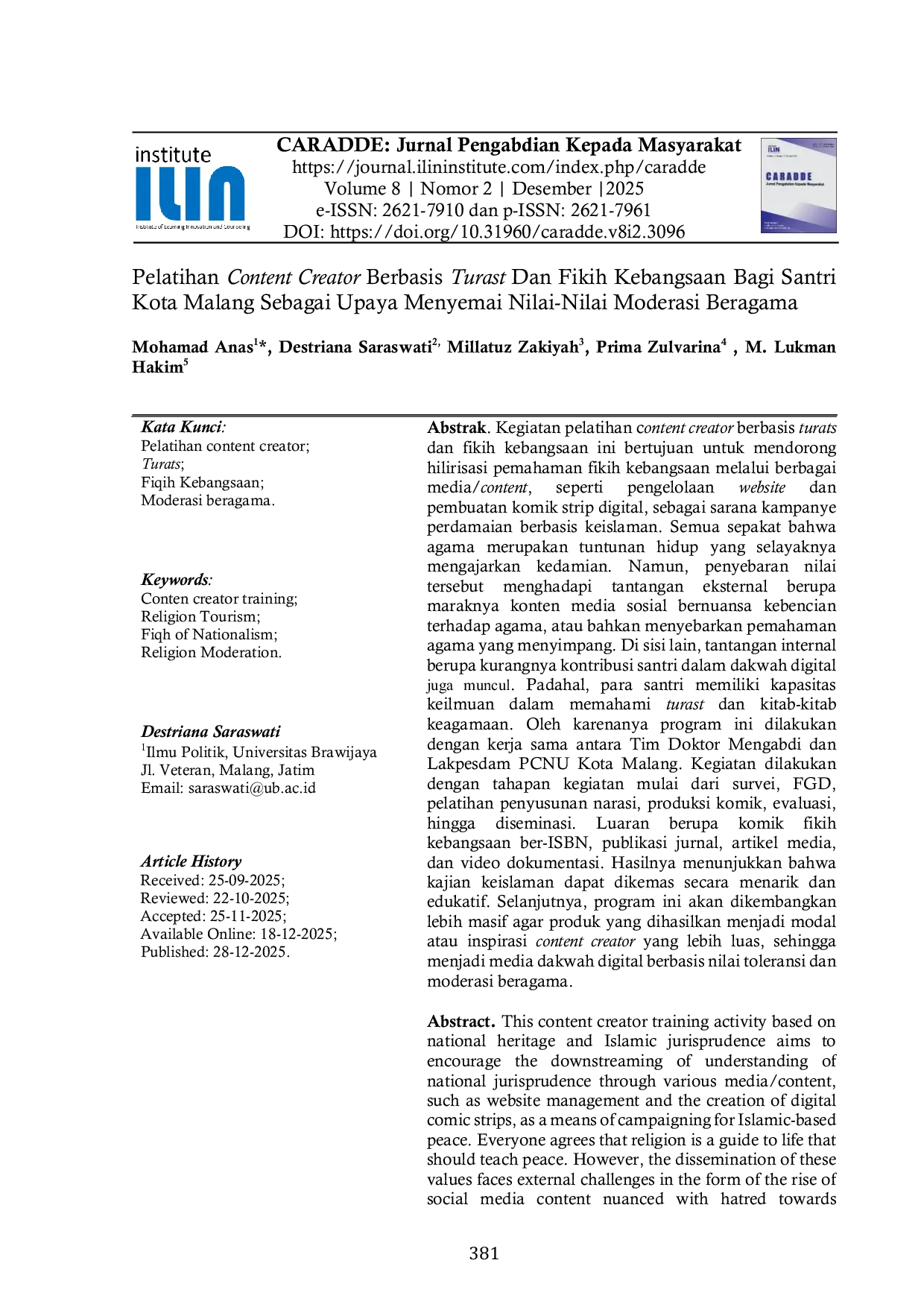 JURIS Pelatihan Content Creator Berbasis Turast Dan Fikih Kebangsaan Bagi Santri Kota Malang Sebagai Upaya Menyemai Nilai Nilai Moderasi Beragama