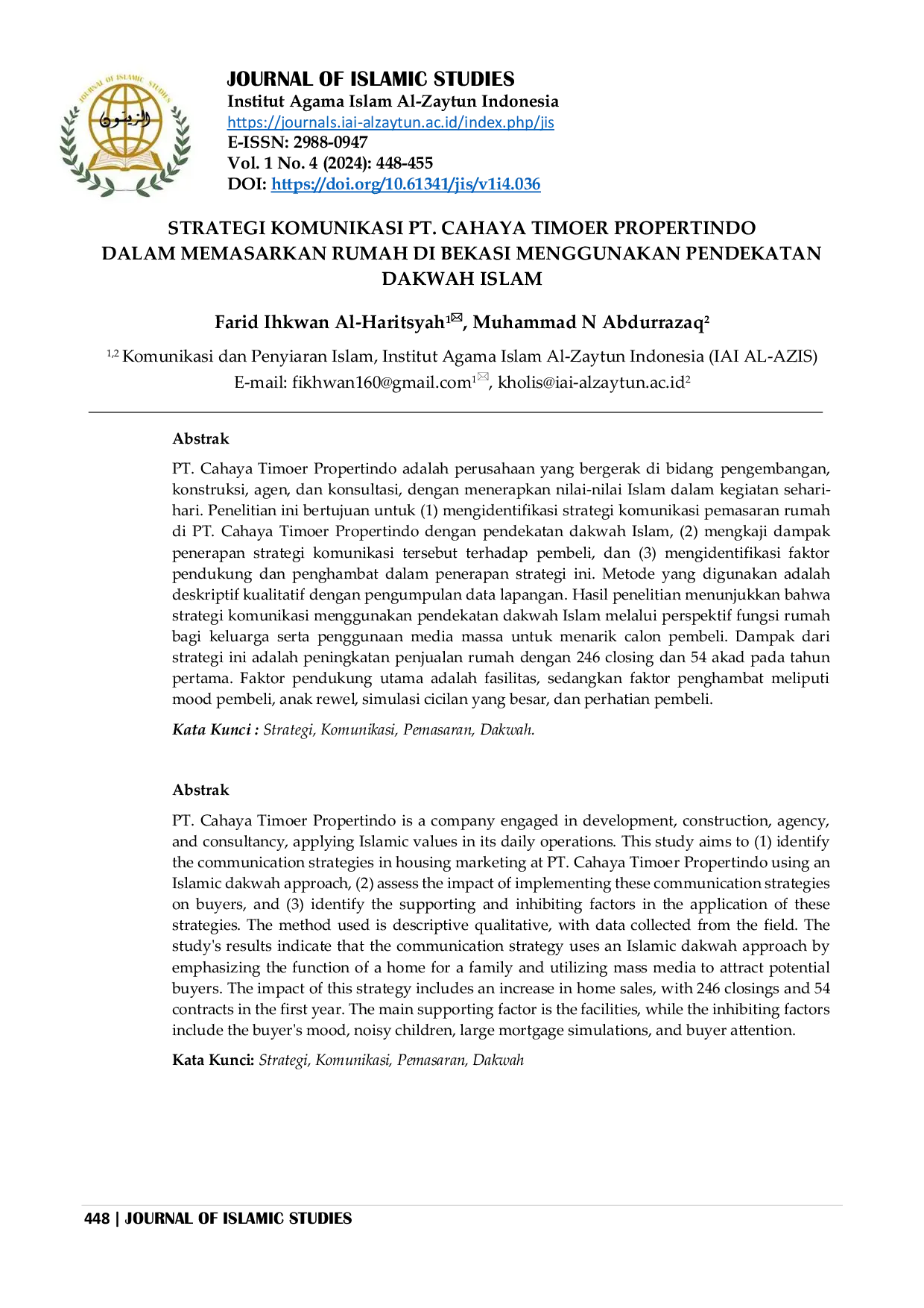 JURIS Strategi Komunikasi PT Cahaya Timoer Propertindo Dalam Memasarkan Rumah Di Bekasi Menggunakan Pendekatan Dakwah Islam