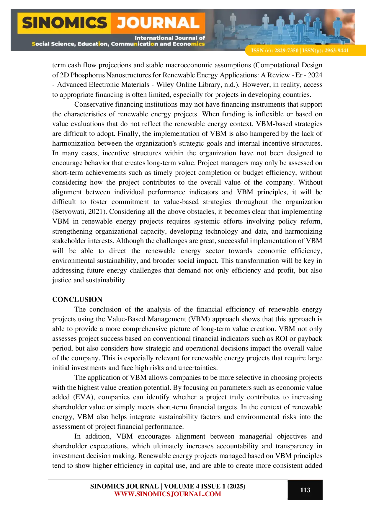 JURIS Analysis of Financial Efficiency of Renewable Energy Projects Through a Value Based Management Approach