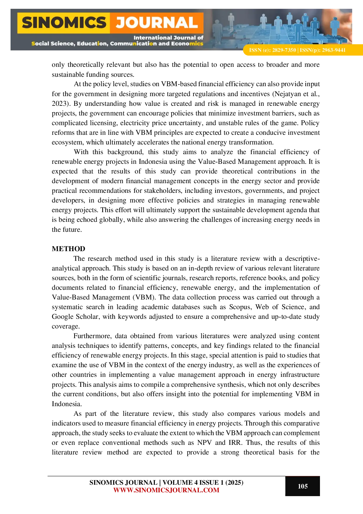 JURIS Analysis of Financial Efficiency of Renewable Energy Projects Through a Value Based Management Approach