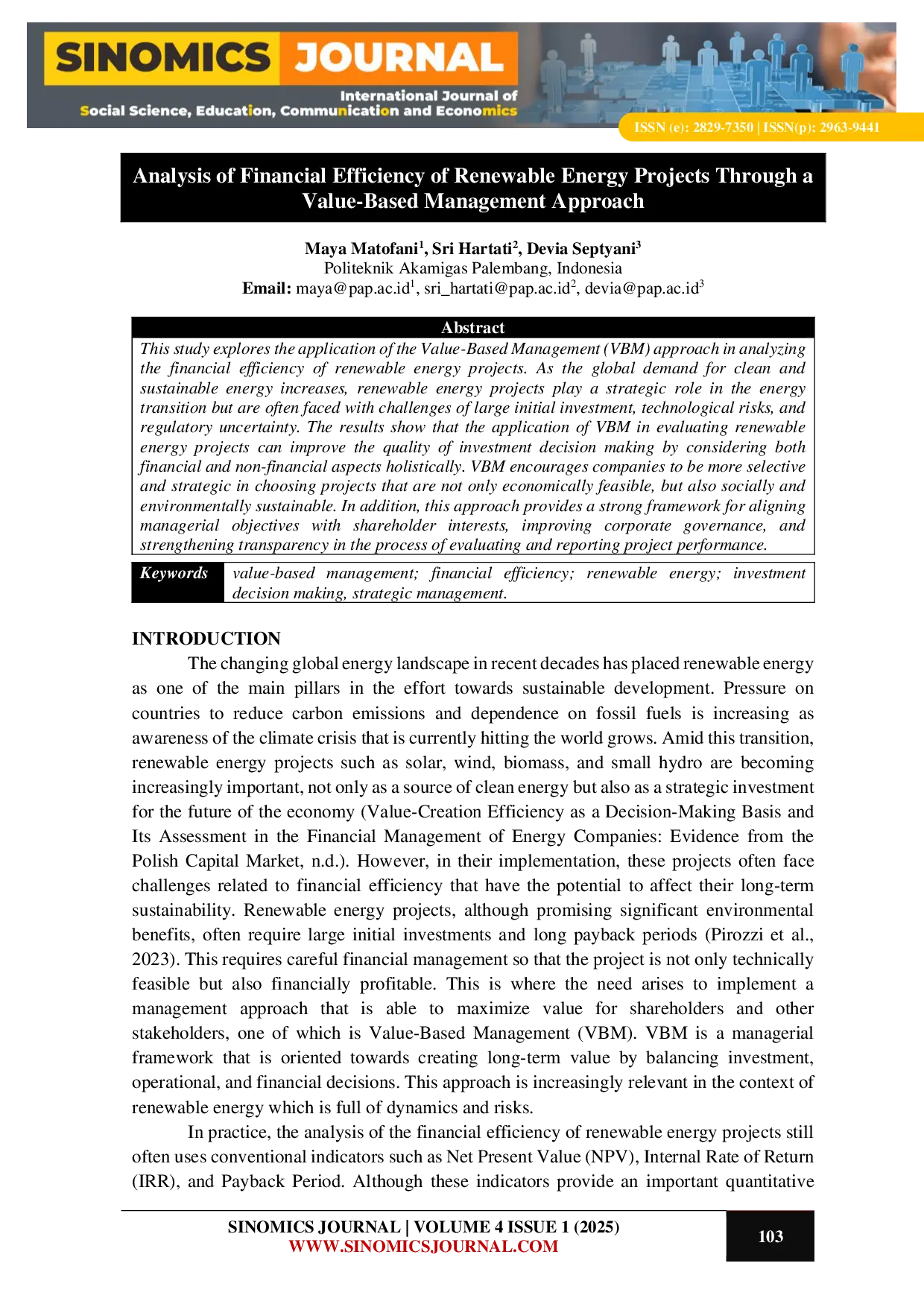 JURIS Analysis of Financial Efficiency of Renewable Energy Projects Through a Value Based Management Approach
