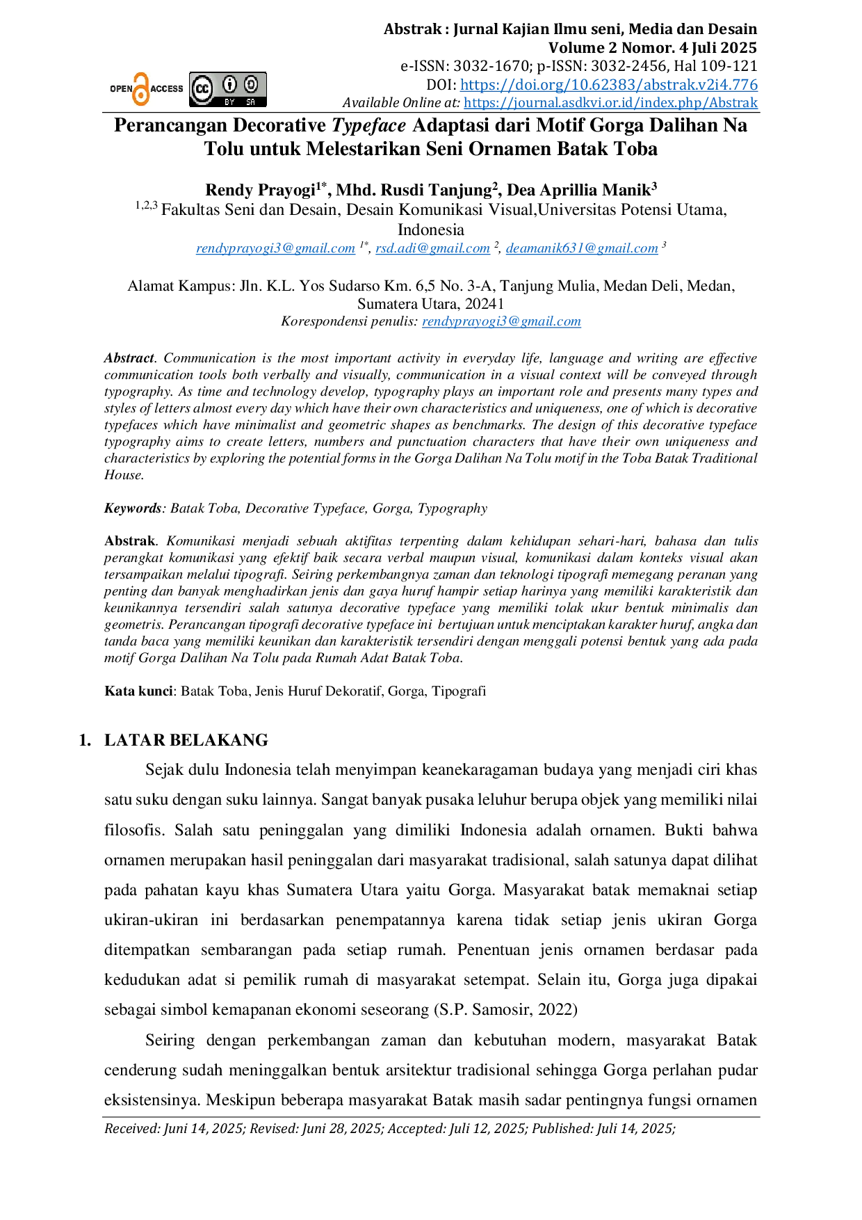 JURIS Perancangan Decorative Typeface Adaptasi dari Motif Gorga Dalihan Na Tolu untuk Melestarikan Seni Ornamen Batak Toba