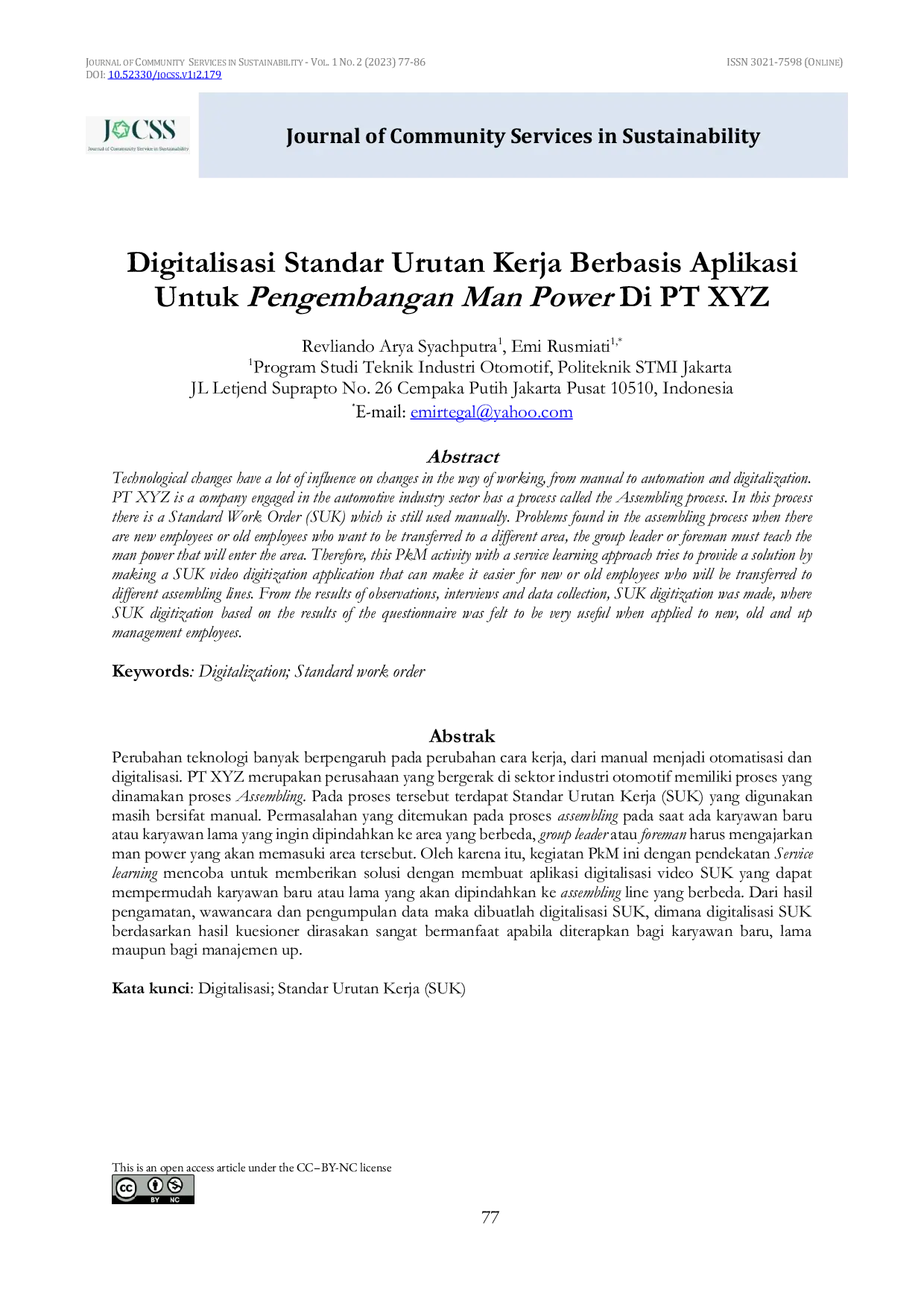 JURIS Digitalisasi Standar Urutan Kerja Berbasis Aplikasi Untuk Pengembangan Man Power Di PT XYZ