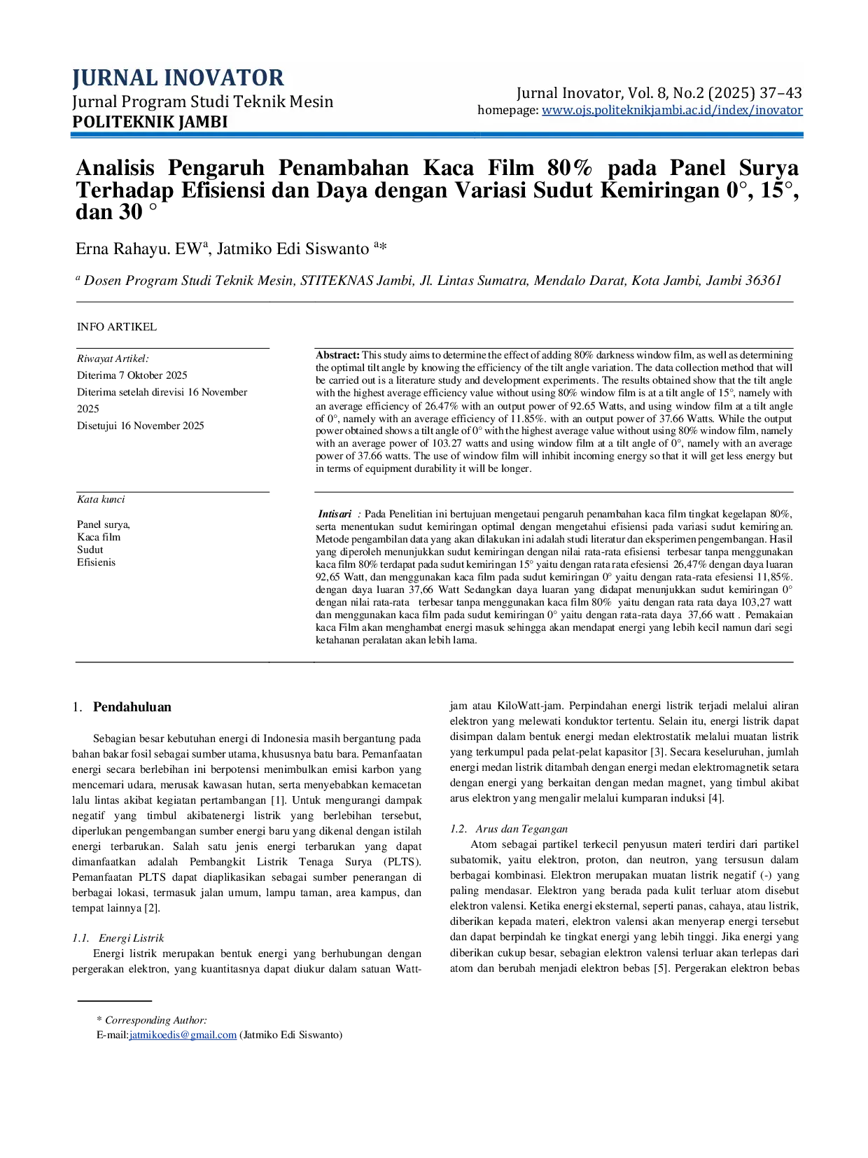 JURIS Analisis Pengaruh Penambahan Kaca Film 80 pada Panel Surya Terhadap Efisiensi dan Daya dengan Variasi Sudut Kemiringan 0 15 dan 30