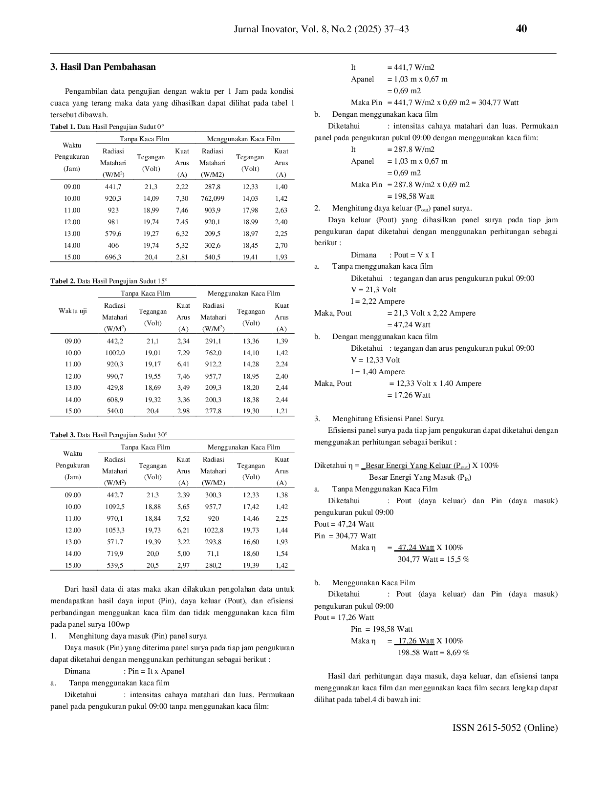 JURIS Analisis Pengaruh Penambahan Kaca Film 80 pada Panel Surya Terhadap Efisiensi dan Daya dengan Variasi Sudut Kemiringan 0 15 dan 30