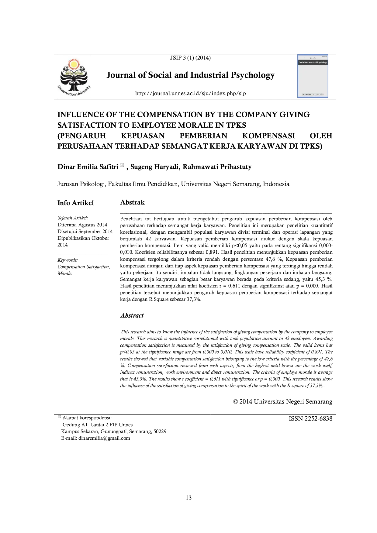 JURIS Pengaruh Kompensasi Pemberian Kepuasan Oleh Perusahaan Terhadap Semangat Kerja Karyawan di TPKS