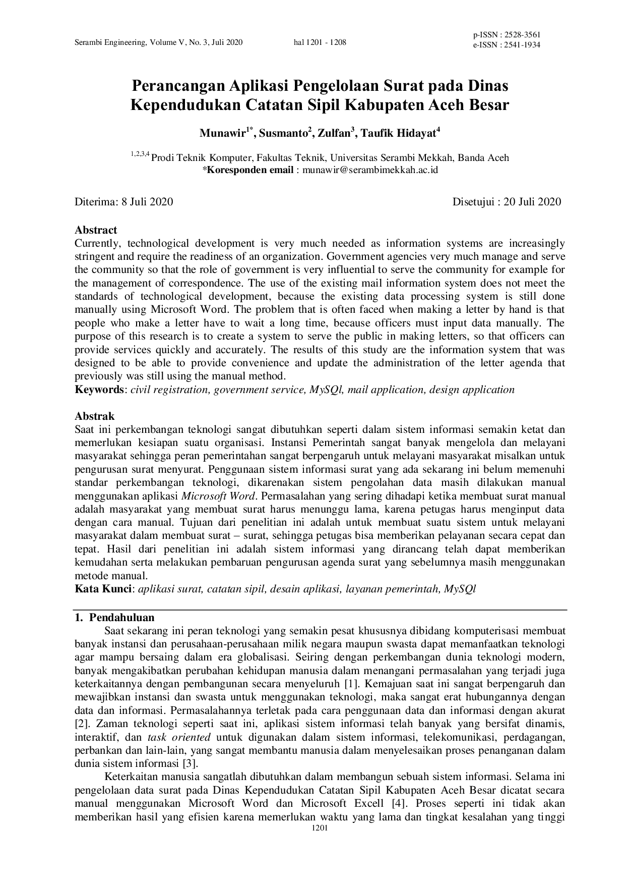 JURIS Perancangan Aplikasi Pengelolaan Surat pada Dinas Kependudukan Catatan Sipil Kabupaten Aceh Besar