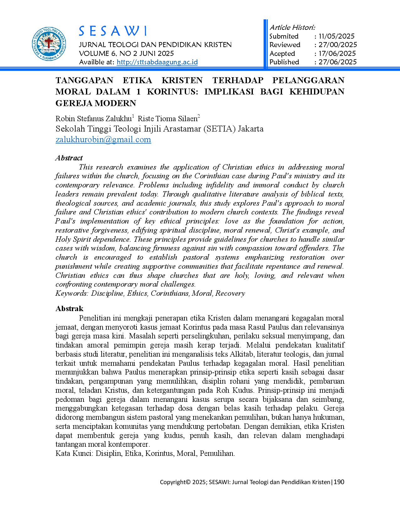 juris Tanggapan Etika Kristen Terhadap Pelanggaran Moral Dalam 1 Korintus Implikasi Bagi Kehidupan Gereja Modern