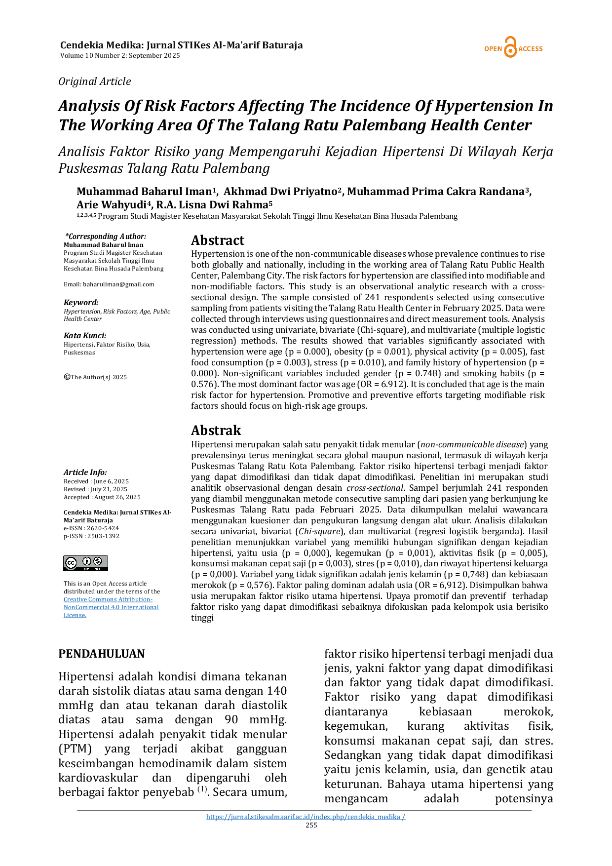 JURIS Analysis of Risk Factors Affecting the Incidence of Hypertension in the Working Area of the Talang Ratu Palembang Health Center